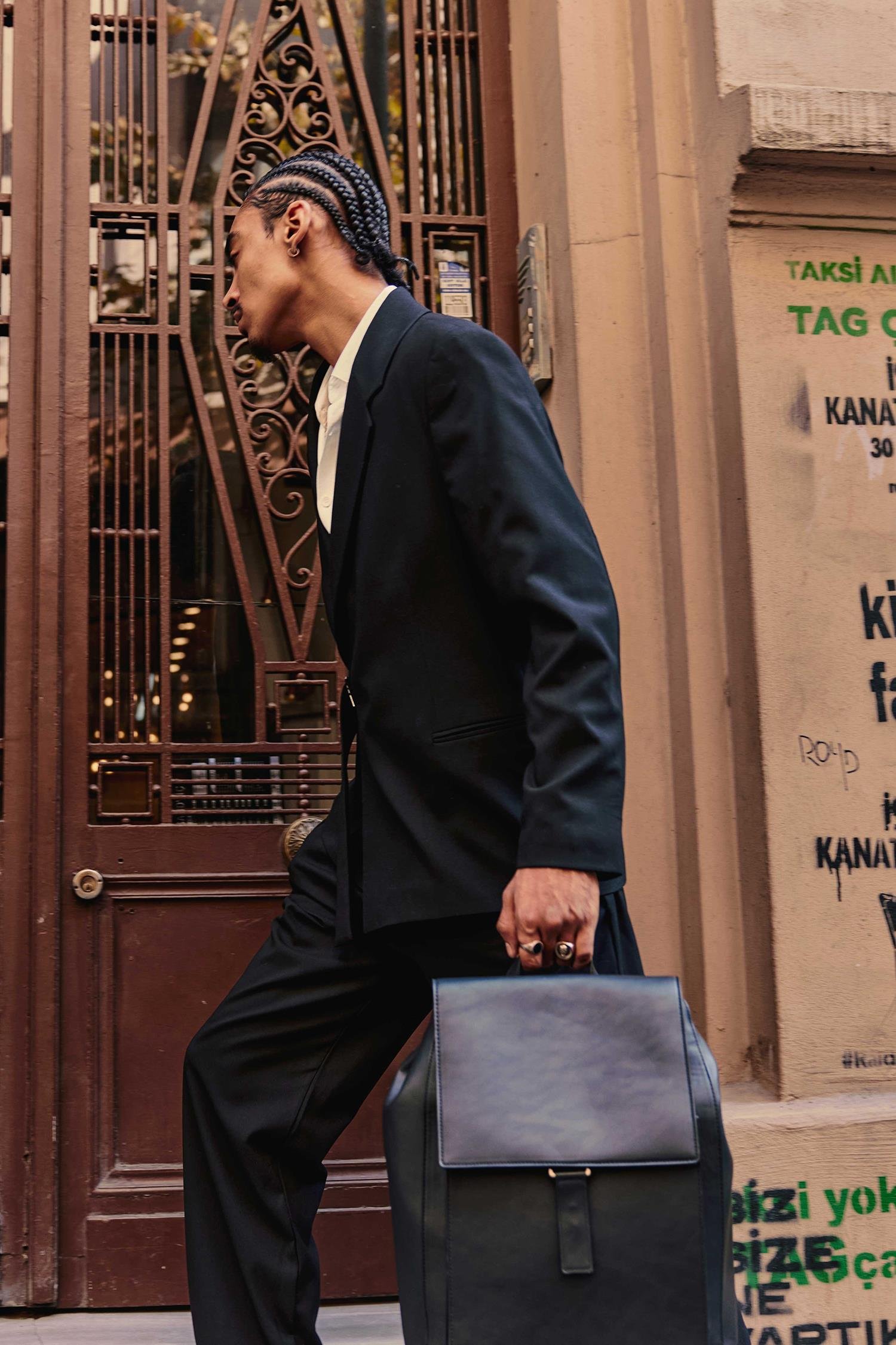 Erkek Kemerli Oversize Takım Elbise Siyah