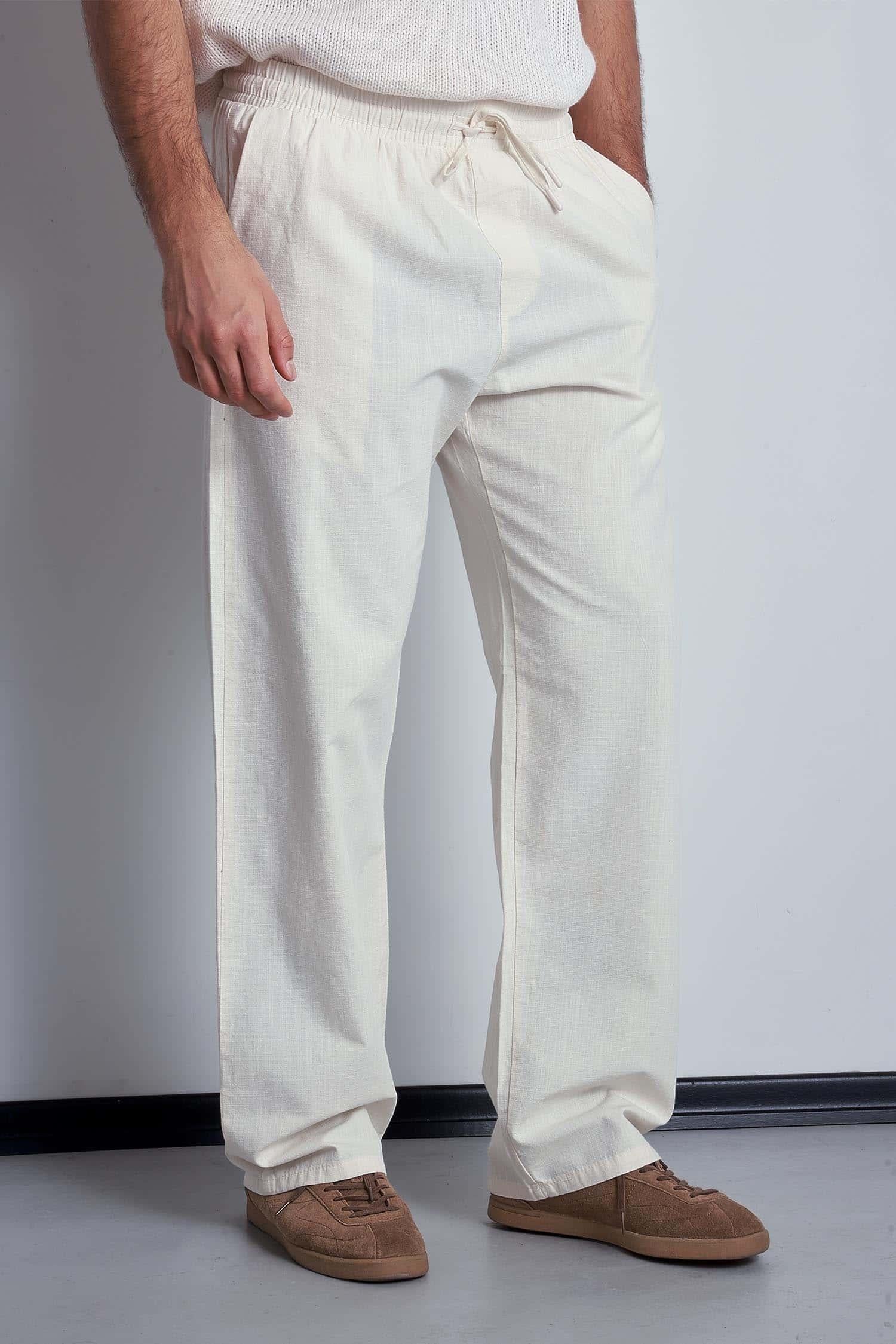 Erkek Keten Görünümlü Beli Lastikli Baggy Pantolon Bej