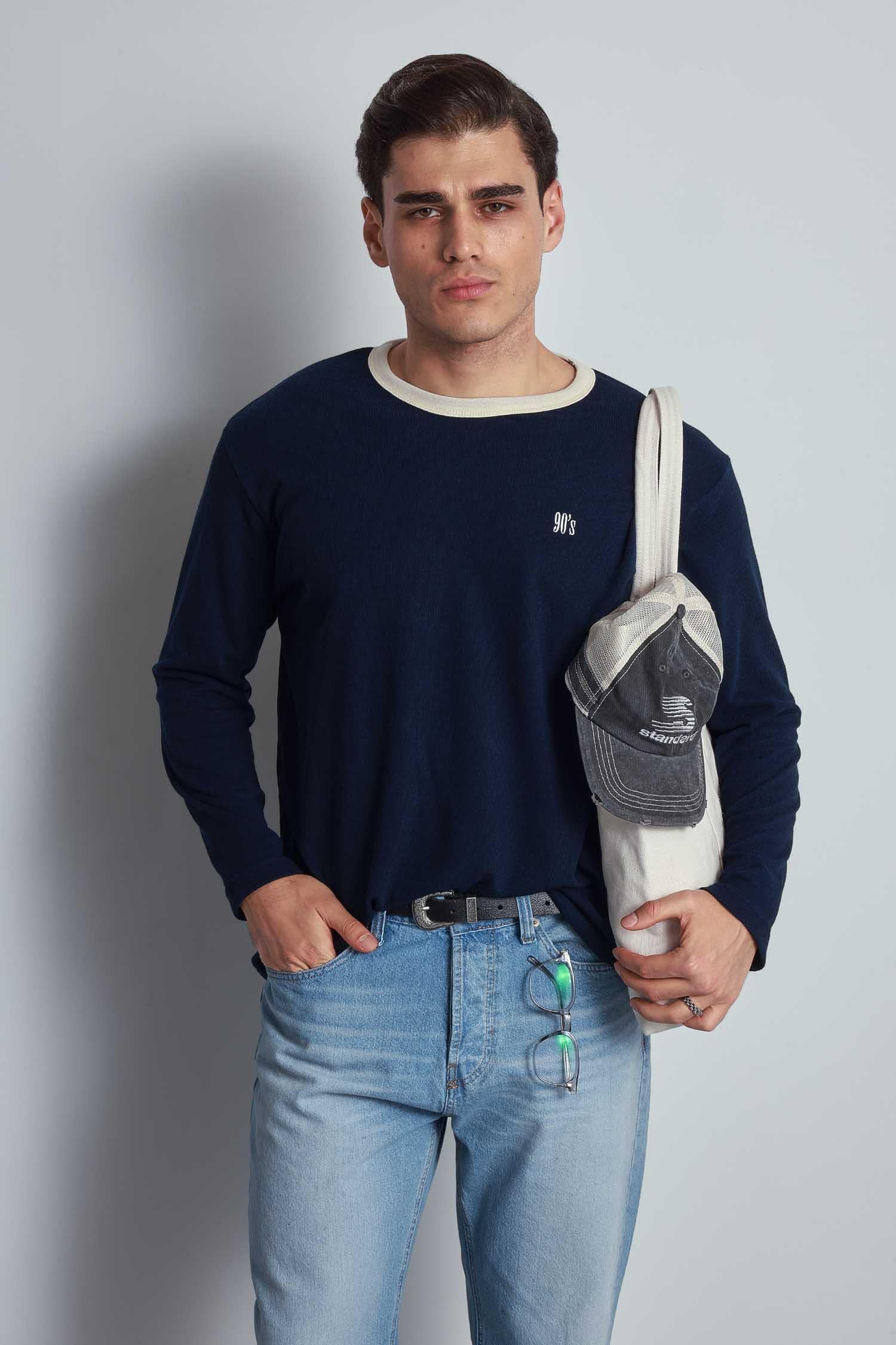 Erkek Kontrast Detaylı Oversize Basic Sweatshirt Lacivert