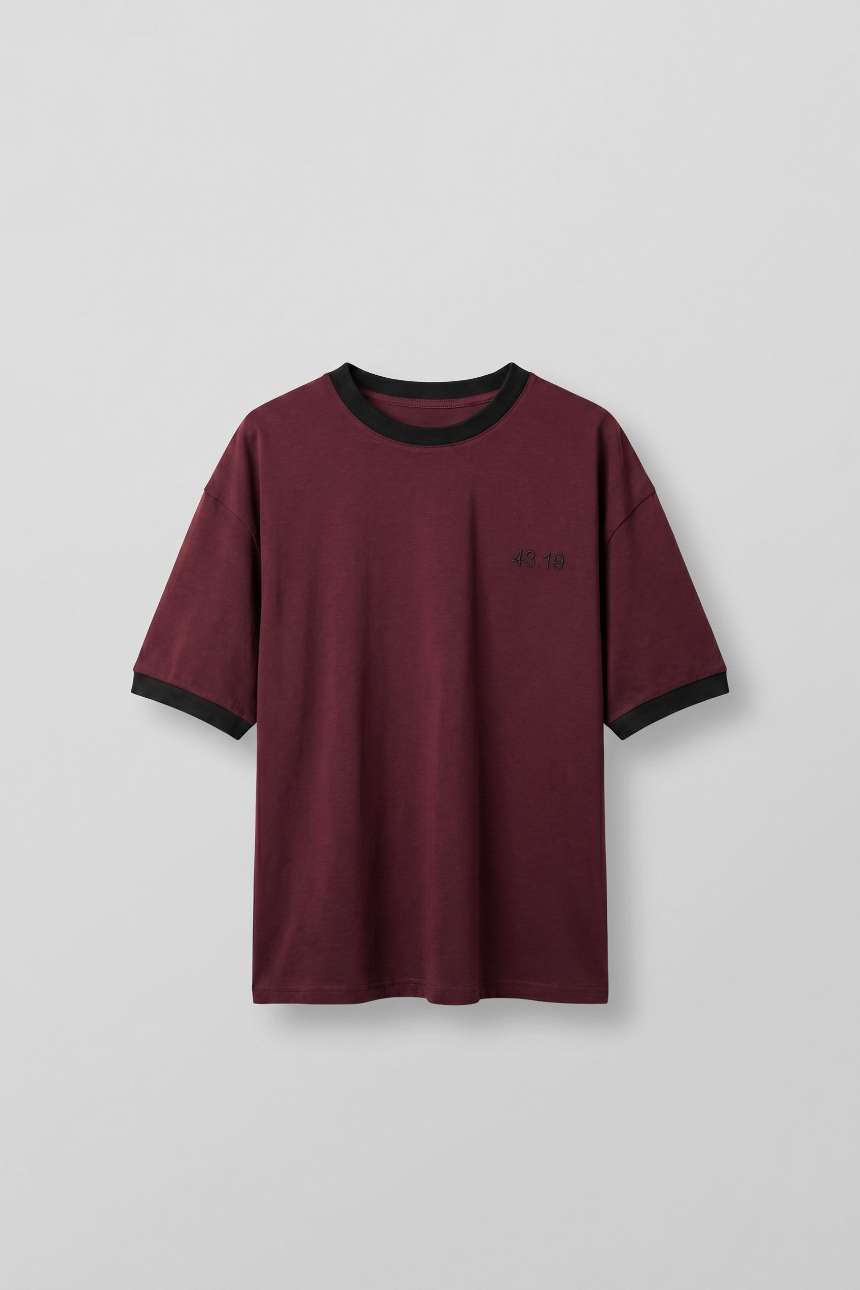 Erkek Nakış Detaylı Kontrast Bisiklet Yaka Boxy Fit T-Shirt Bordo