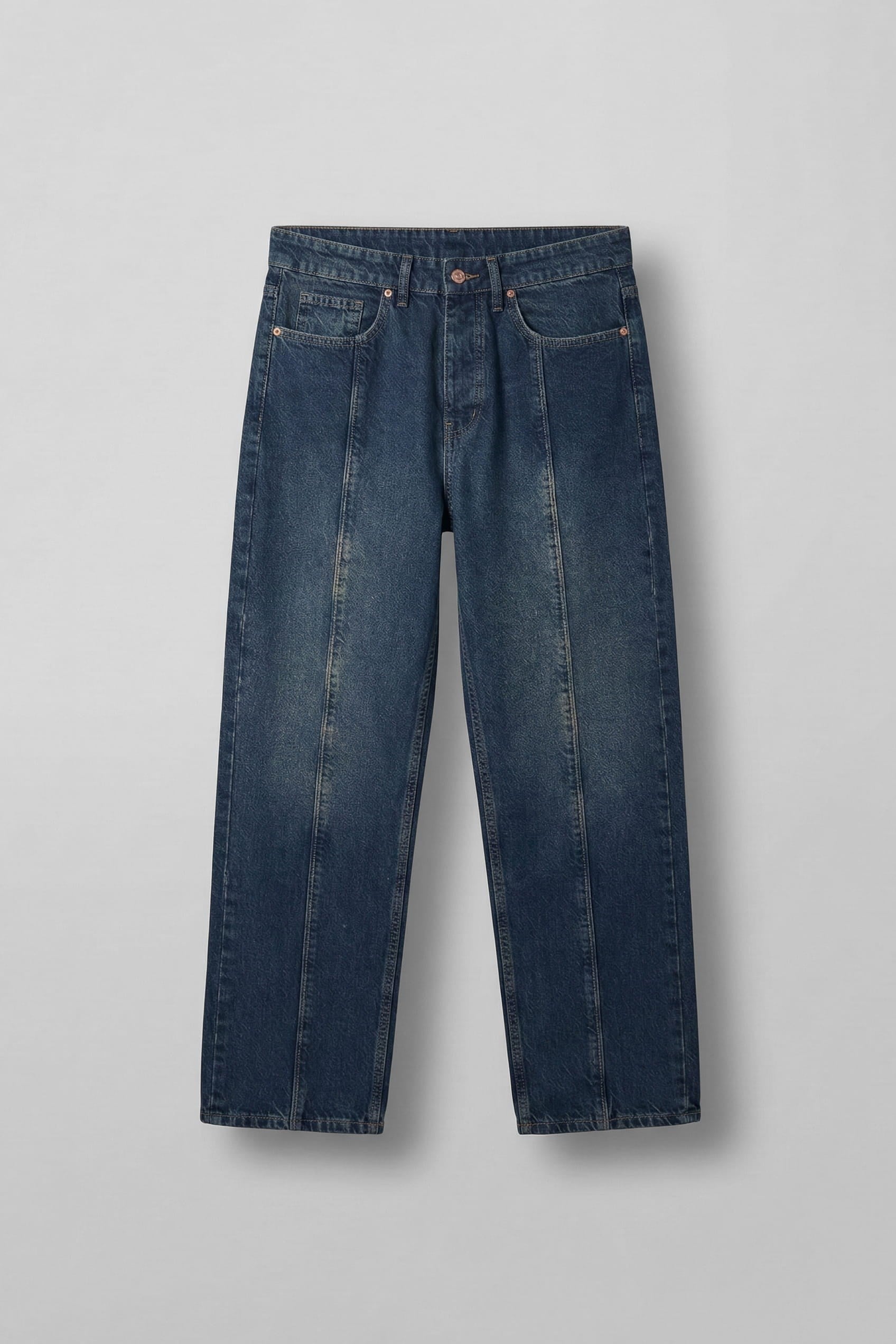 Erkek Ön Dikiş Detaylı Yıkamalı Baggy Jean Koyu Mavi