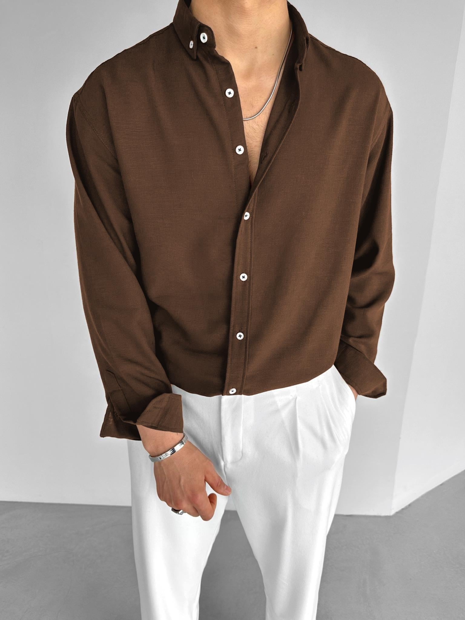 Erkek Oversize Basic Rahat Gömlek Kahverengi