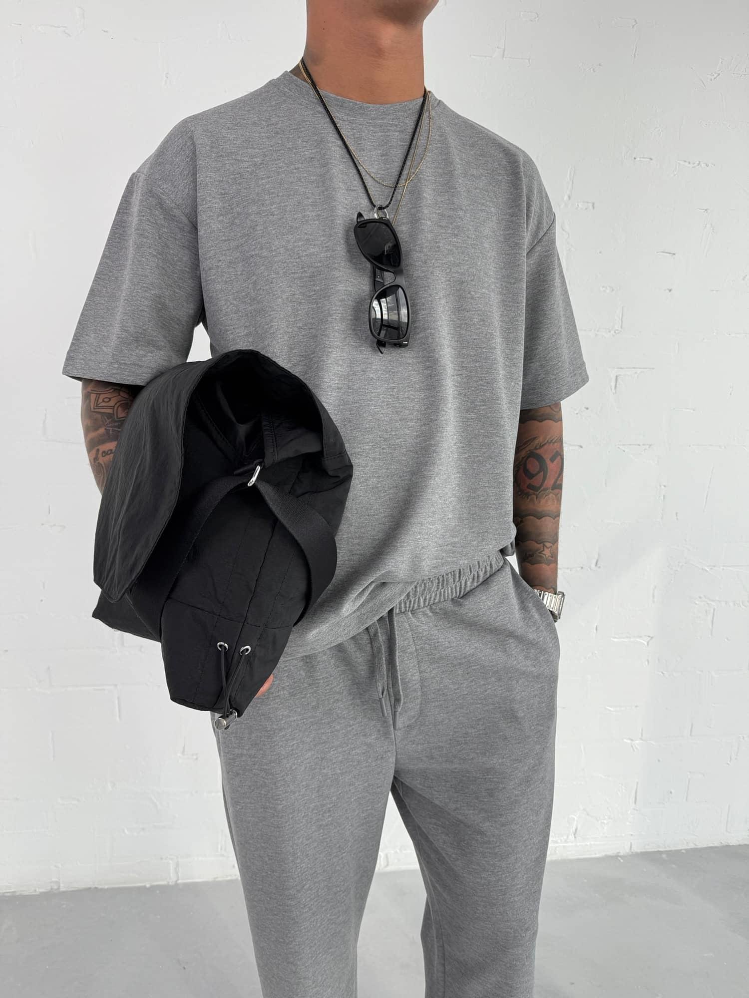 Erkek Oversize Basic Rahat T-Shirt Gri Melanj