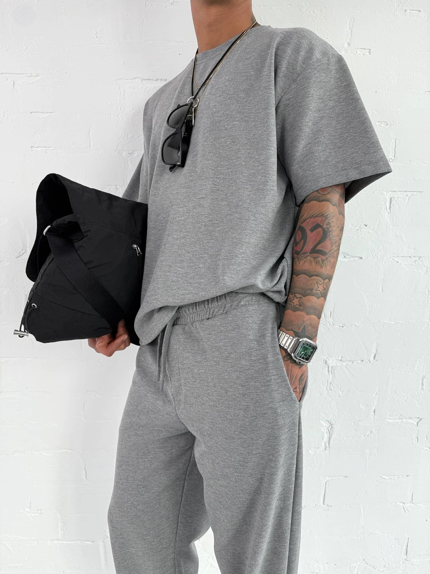 Erkek Oversize Basic Rahat T-Shirt Gri Melanj