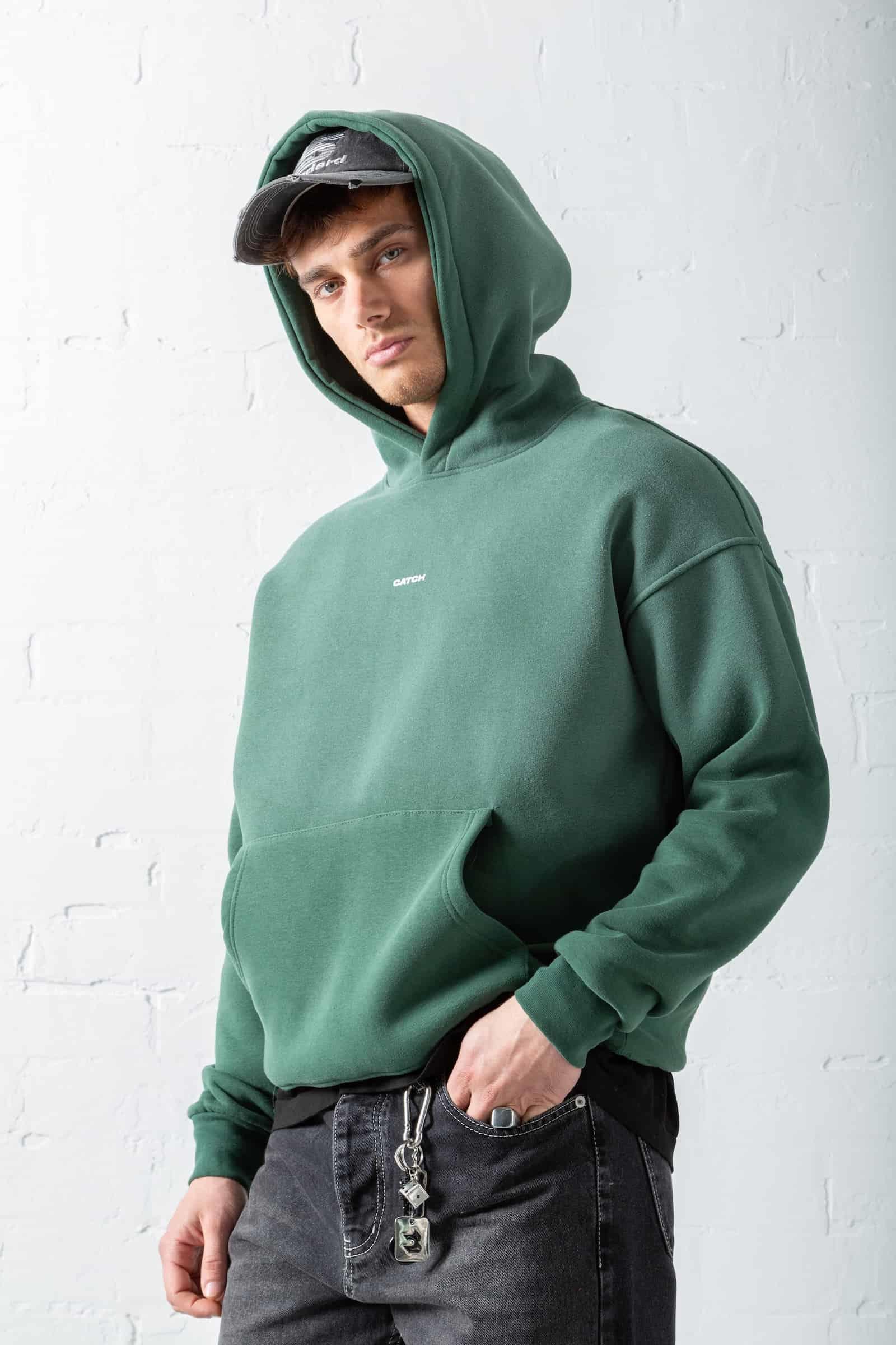 Erkek Oversize Baskılı Kapüşonlu Sweatshirt Yeşil