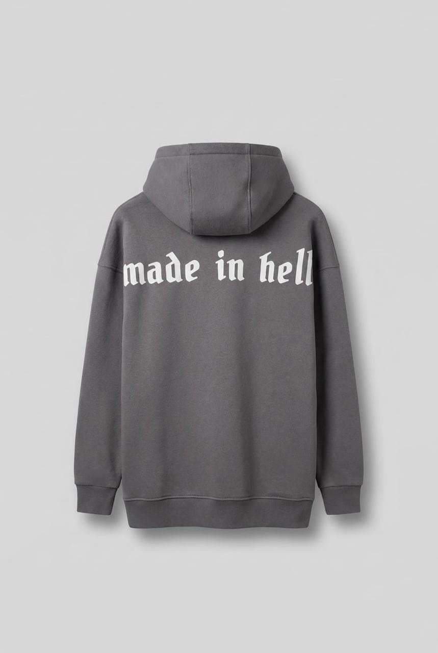 Unisex Oversize Baskılı Premium 3 İplik Kapüşonlu Sweatshirt Gri