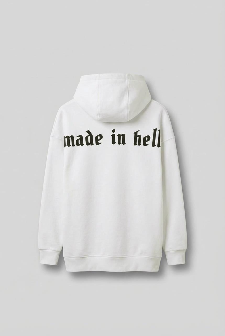 Unisex Oversize Baskılı Premium 3 İplik Kapüşonlu Sweatshirt Ekru