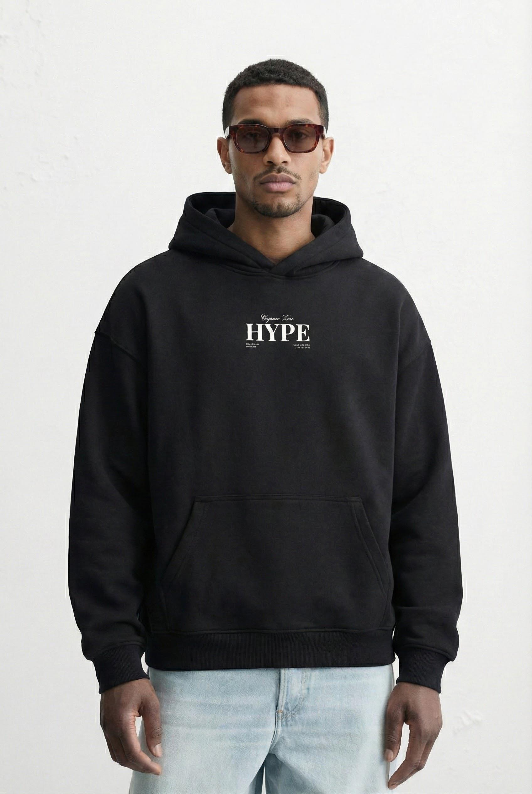 Unisex Oversize Kabartma Baskılı Premium Kalın Kapüşonlu Sweatshirt Siyah