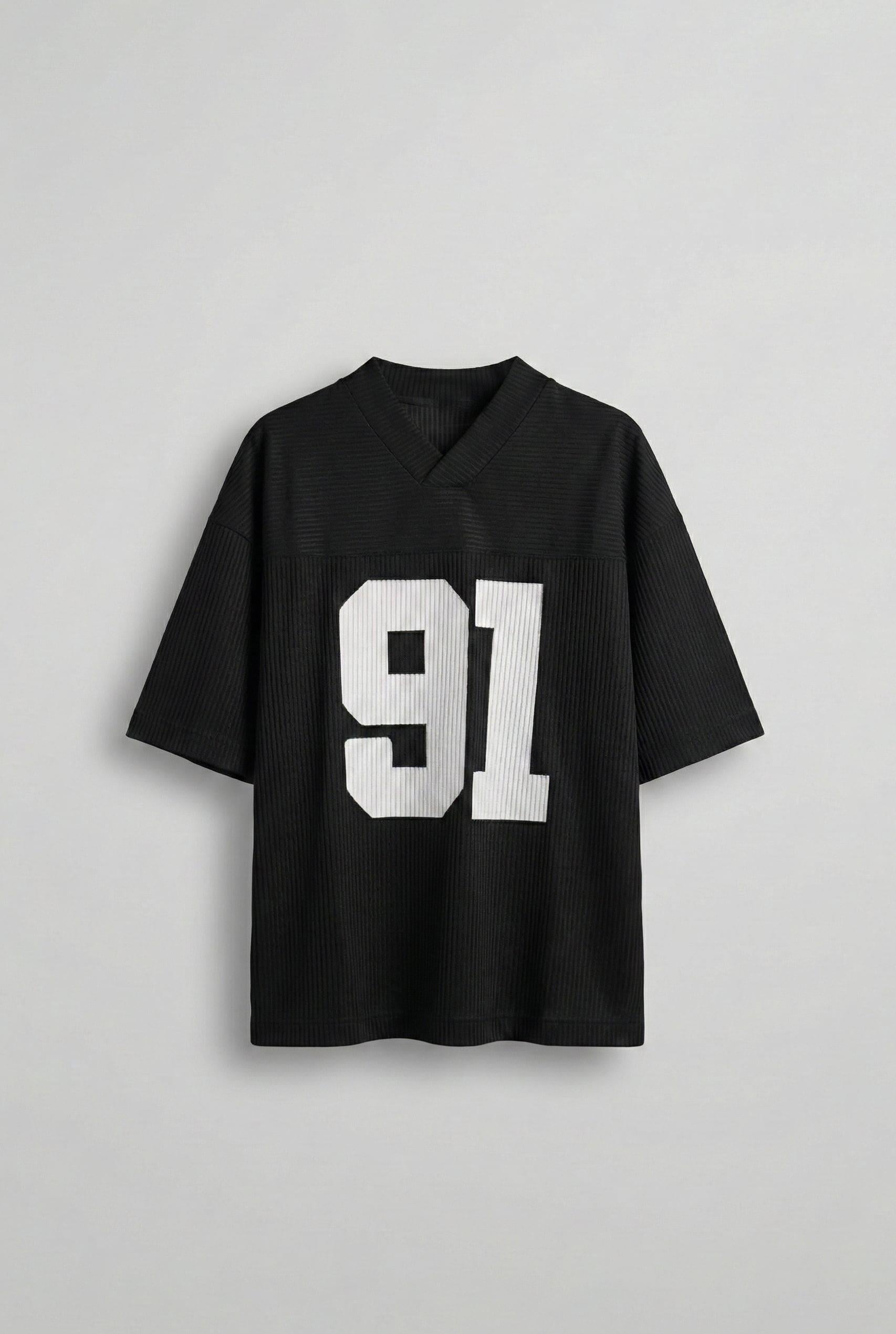 Erkek Oversize Baskılı V Yaka Forma T-Shirt Siyah