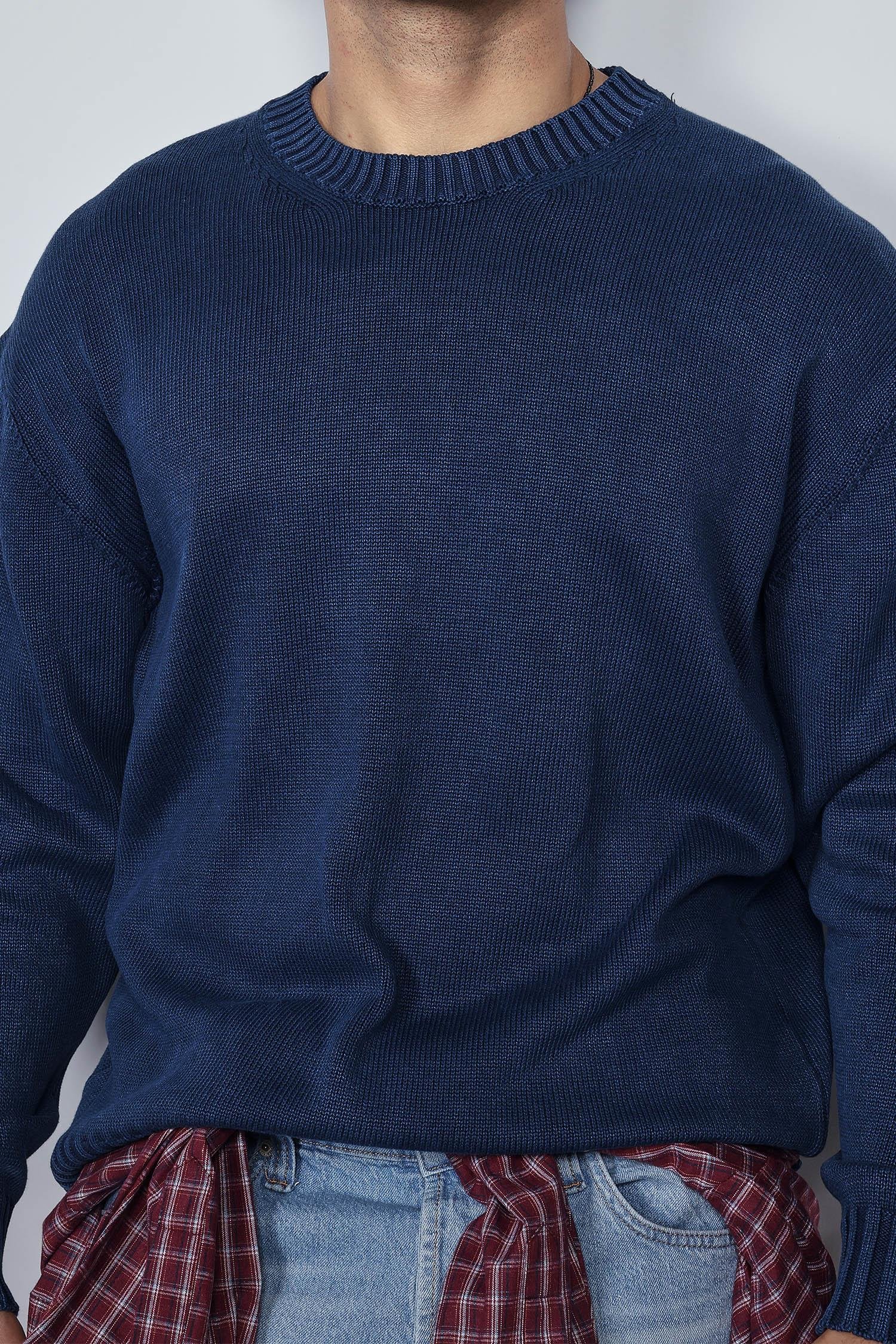 Erkek Oversize Bisiklet Yaka Basic Triko Kazak Lacivert