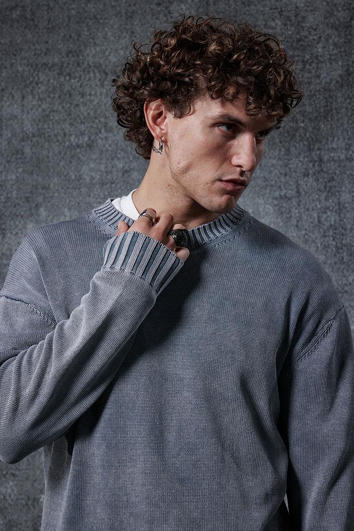 Erkek Oversize Bisiklet Yaka Basic Triko Kazak Gri