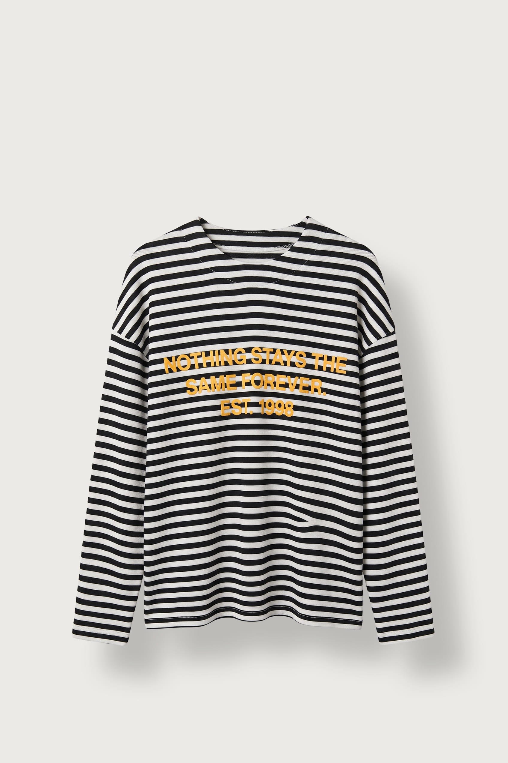 Erkek Oversize Bisiklet Yaka Çizgili Sweatshirt Ekru-Siyah