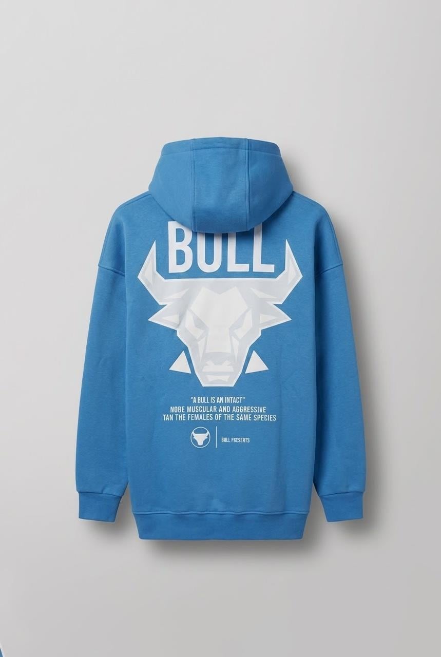 Erkek Oversize Bull Baskılı Hoodie Mavi