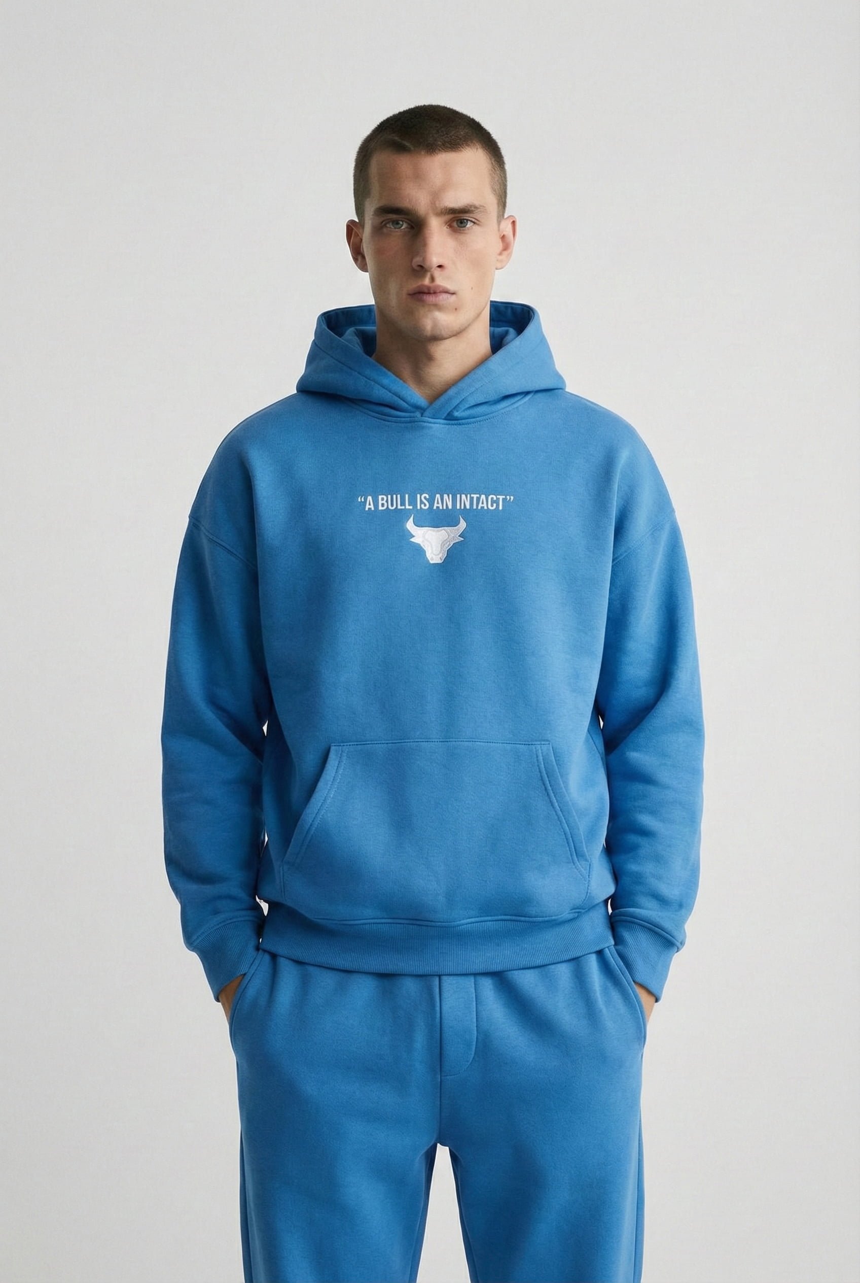 Erkek Oversize Bull Baskılı Hoodie Mavi
