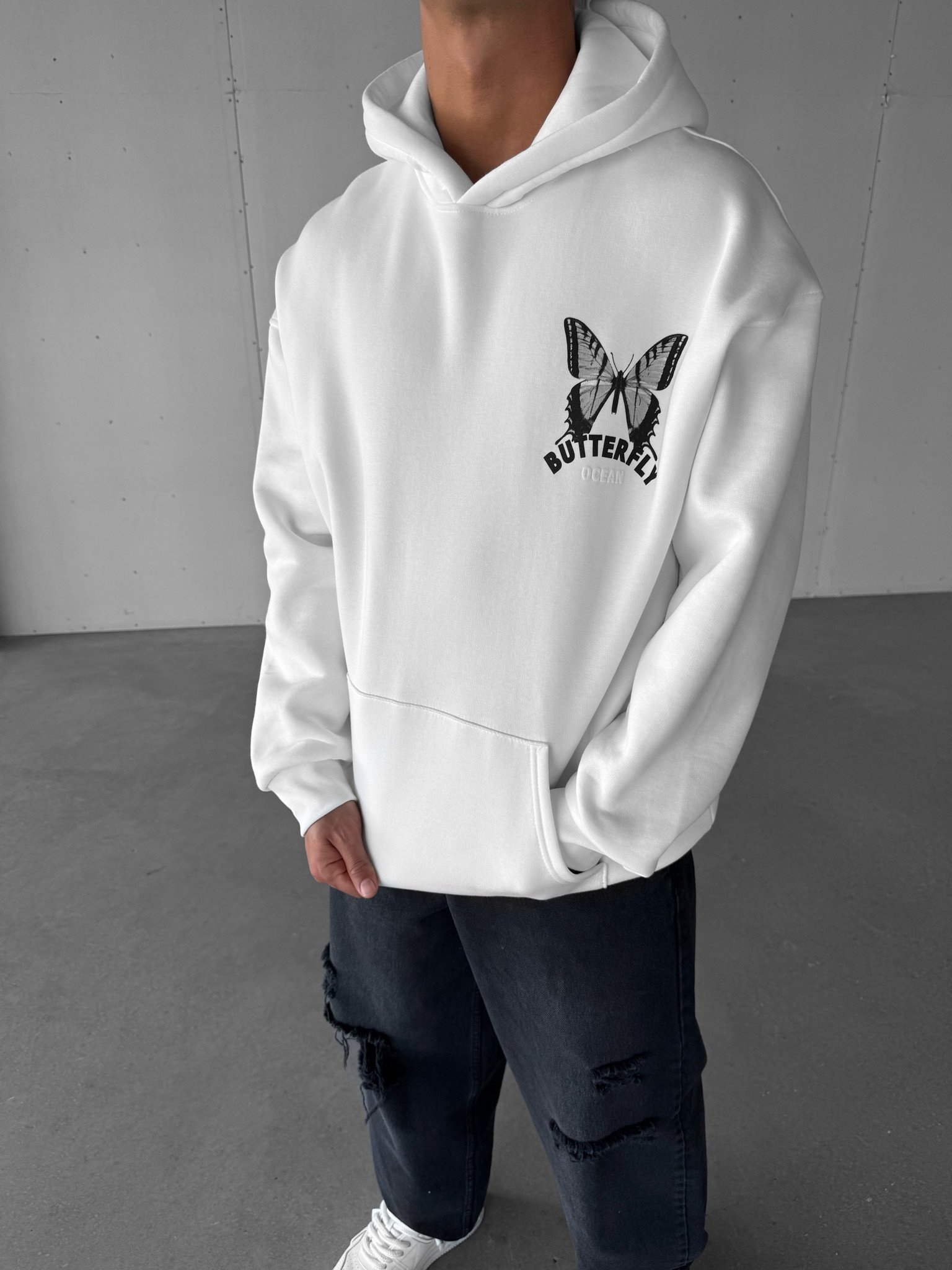Unisex Oversize Kelebek Baskılı Kalın Kapüşonlu Sweatshirt Beyaz