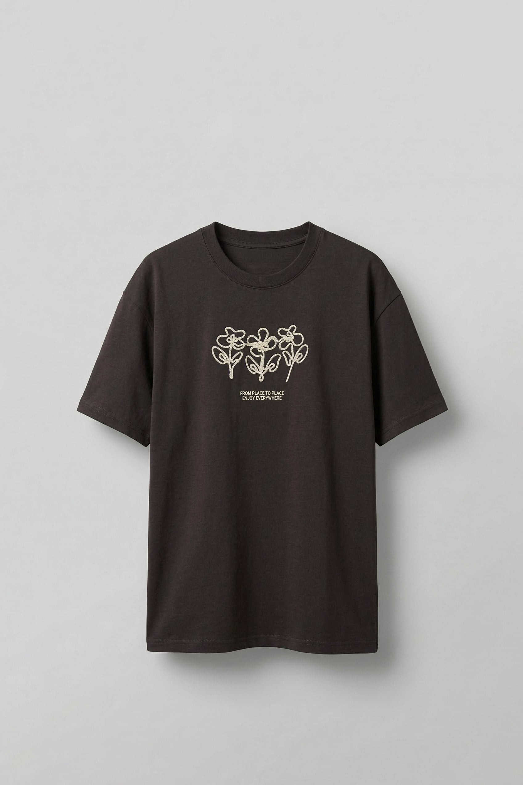 Erkek Oversize Çiçek Nakışlı T-Shirt Kahve
