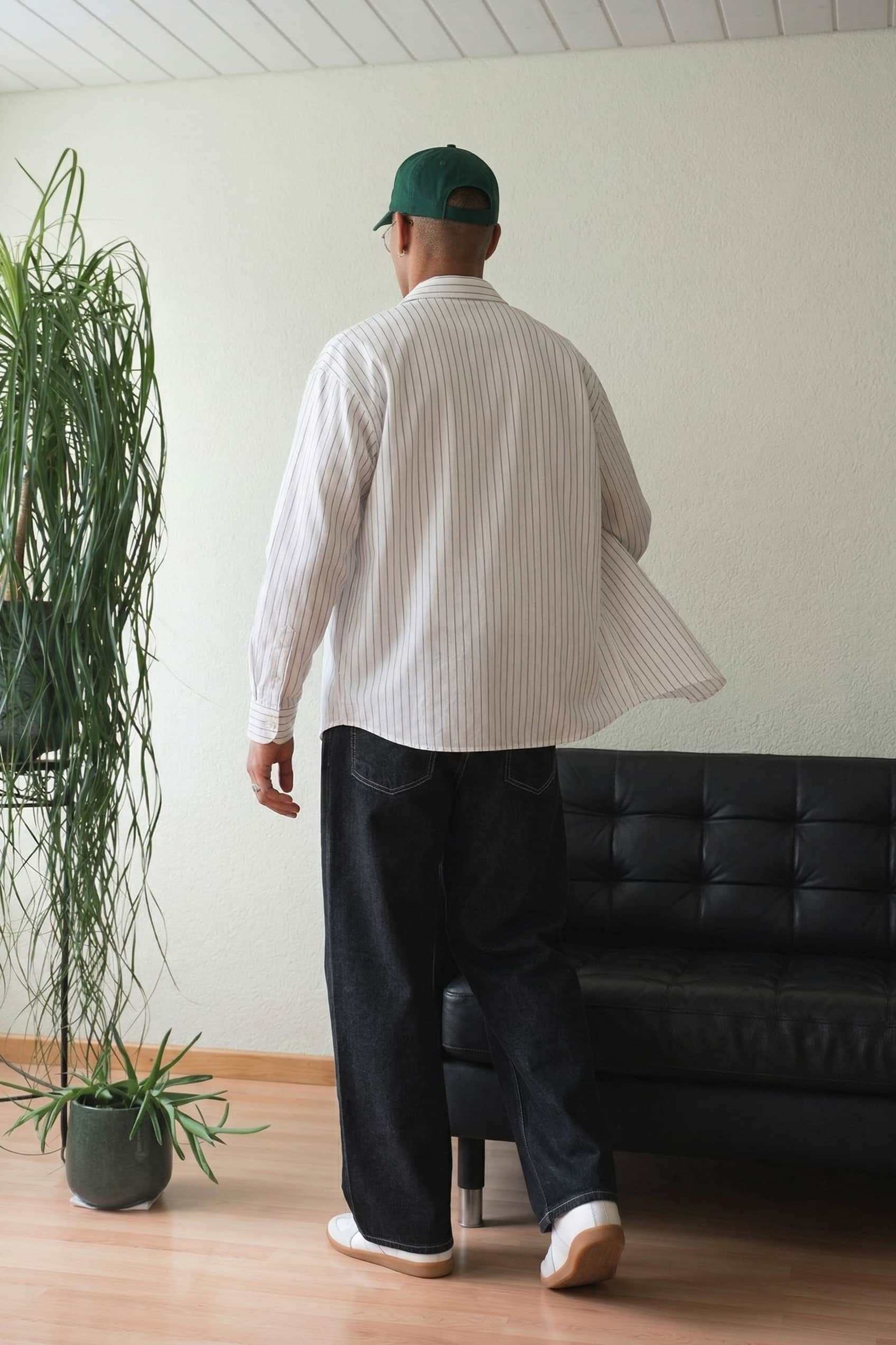 Erkek Oversize Çizgili Keten Karışımlı Uzun Kollu Gömlek Beyaz