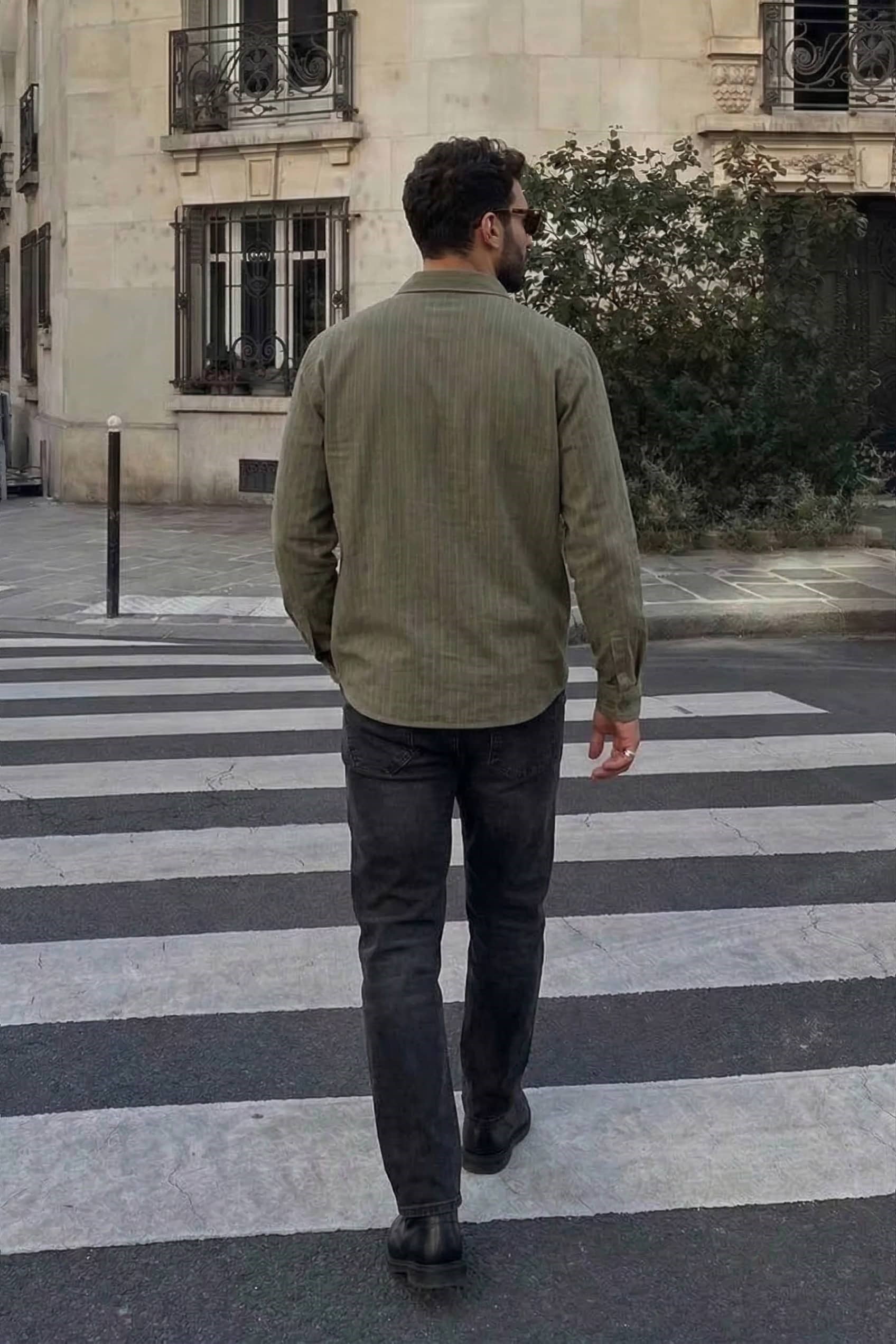 Erkek Oversize Çizgili Keten Karışımlı Gömlek Haki