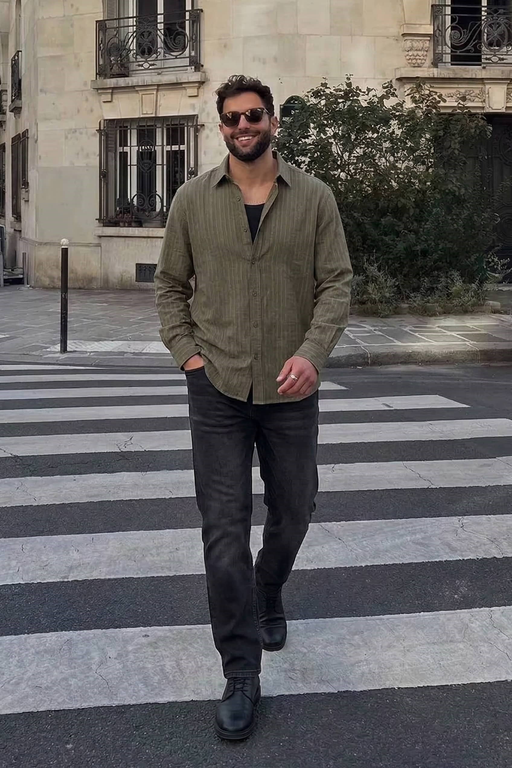 Erkek Oversize Çizgili Keten Karışımlı Gömlek Haki