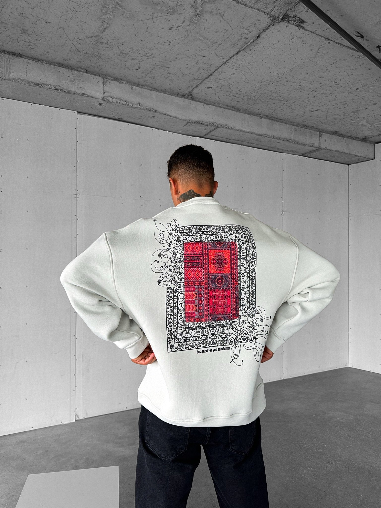 Erkek Oversize Desen Yamalı Sweatshirt Gri