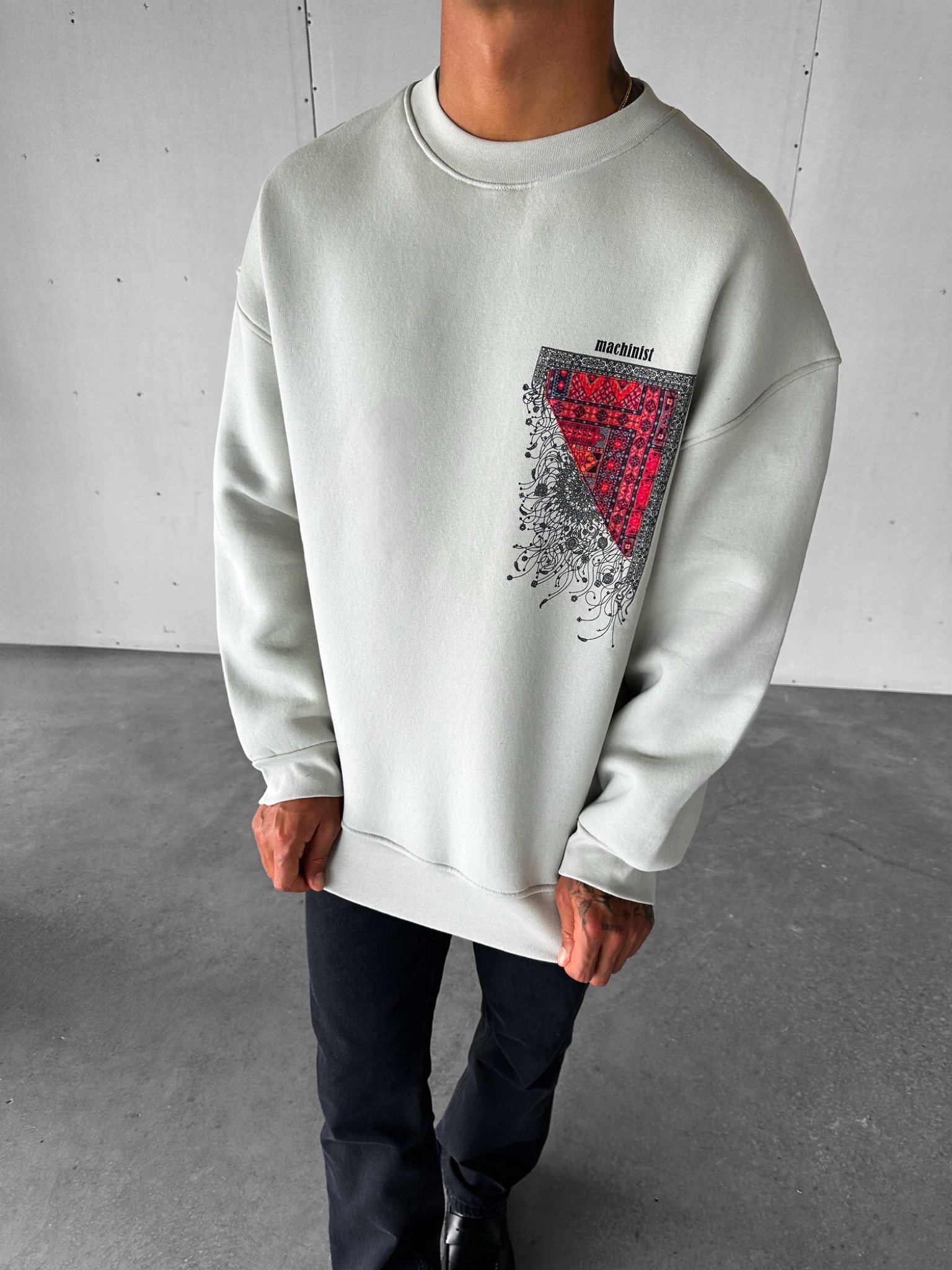 Erkek Oversize Desen Yamalı Sweatshirt Gri