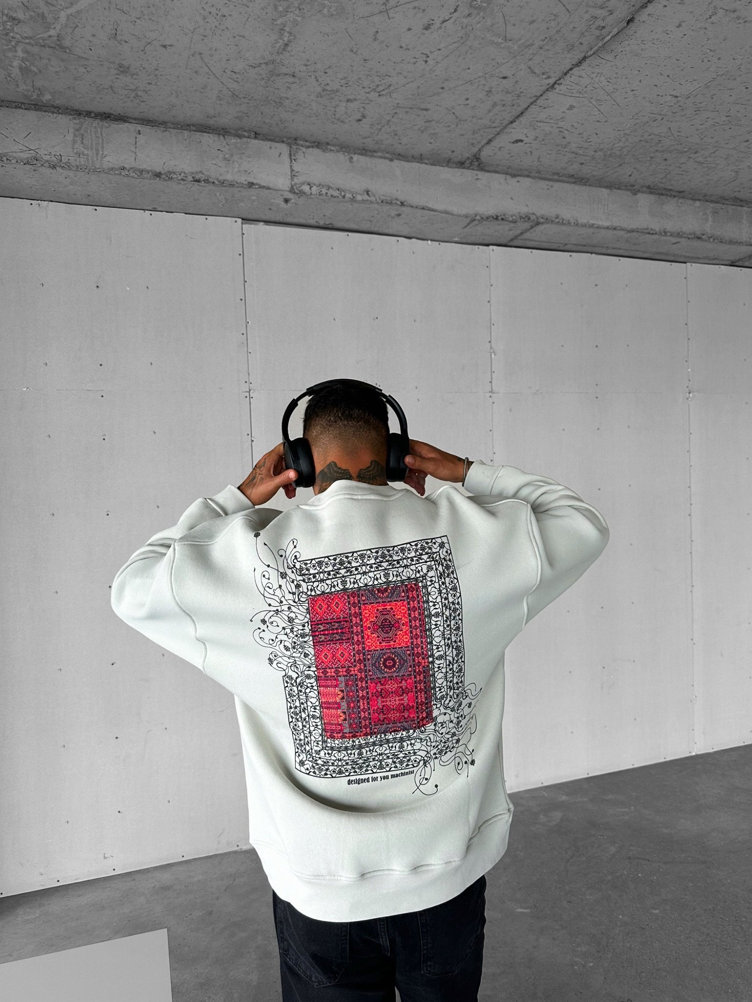 Erkek Oversize Desen Yamalı Sweatshirt Gri