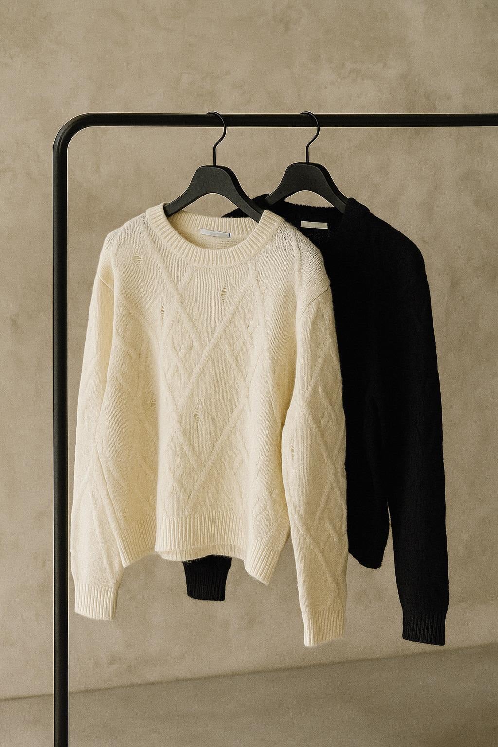 Erkek Oversize Desenli Triko Kazak Ekru