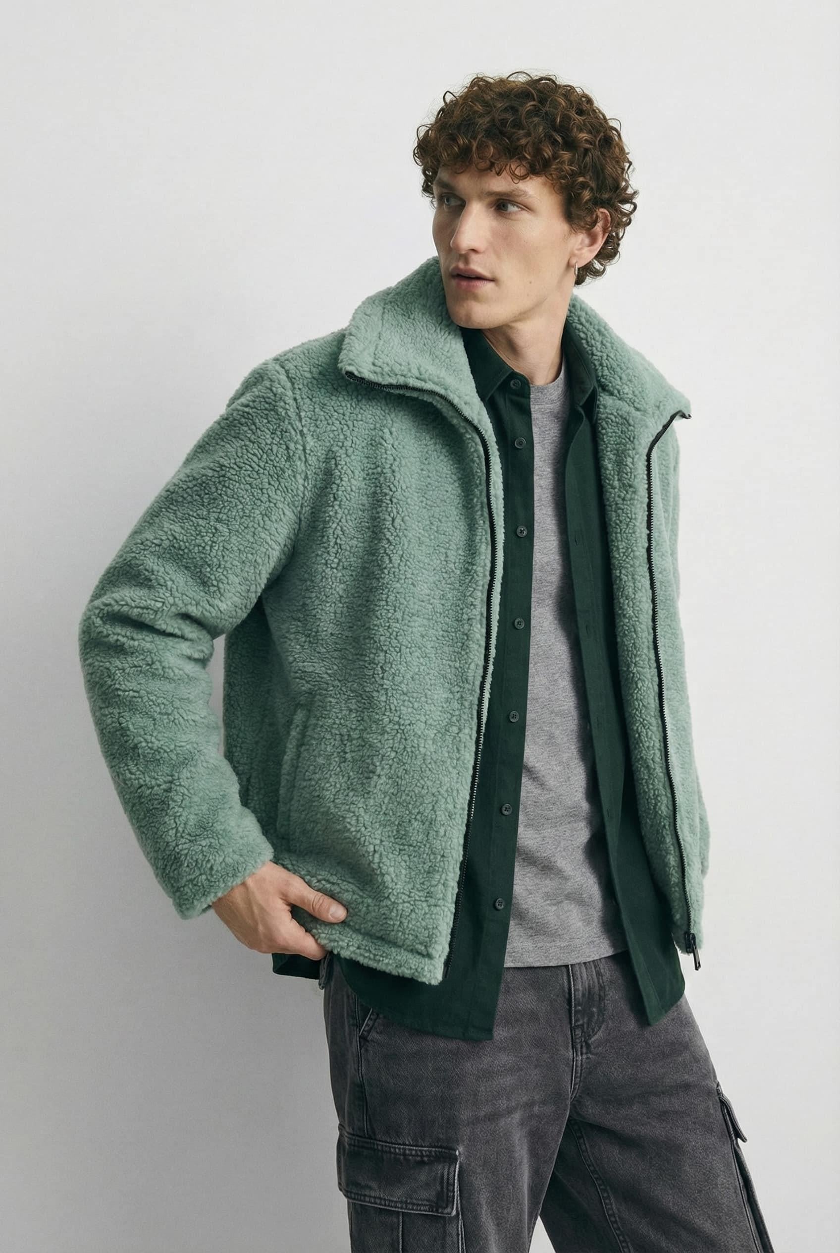 Erkek Oversize Dik Yaka Peluş Ceket Haki Yeşil