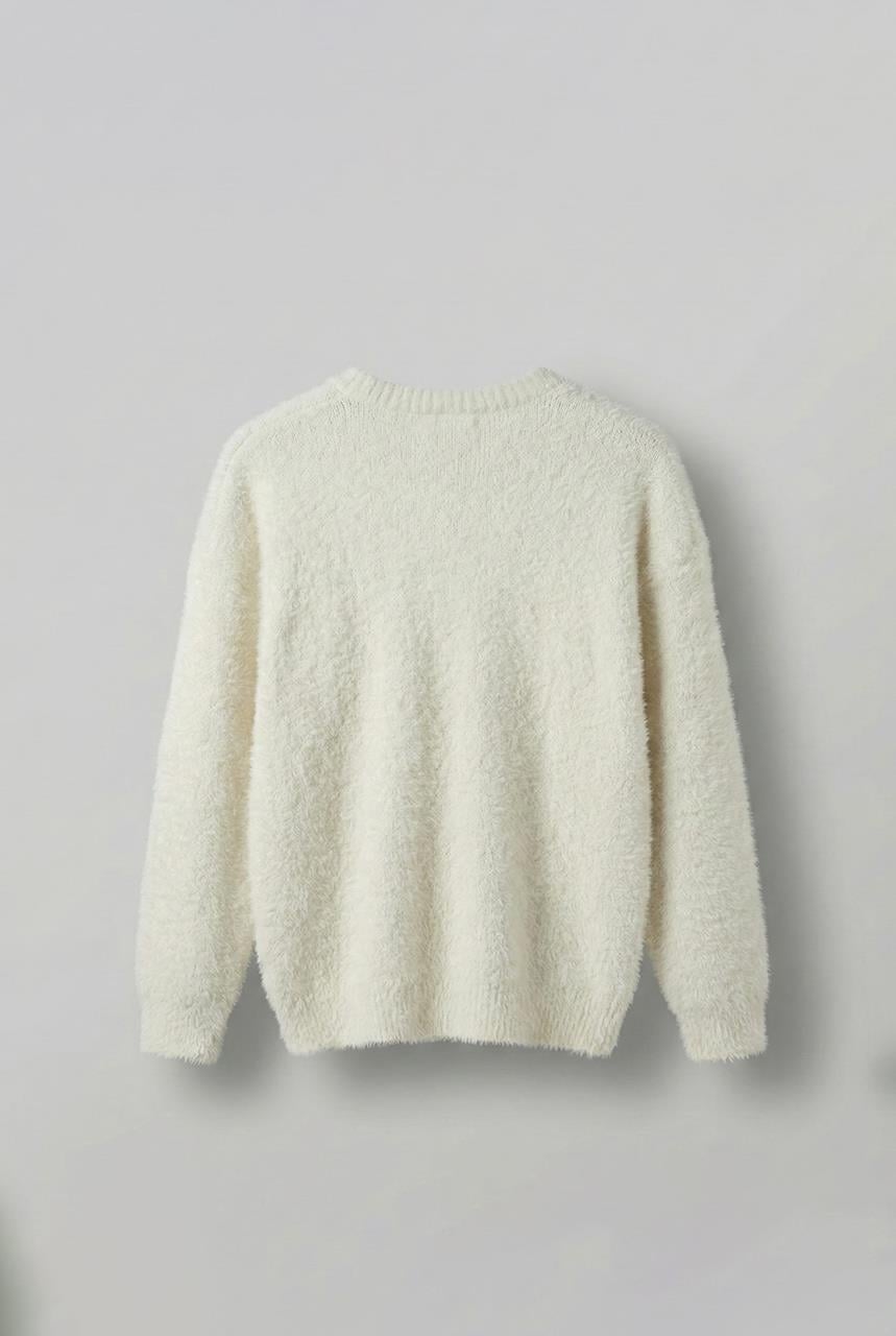 Erkek Oversize Dokulu Kazak Ekru