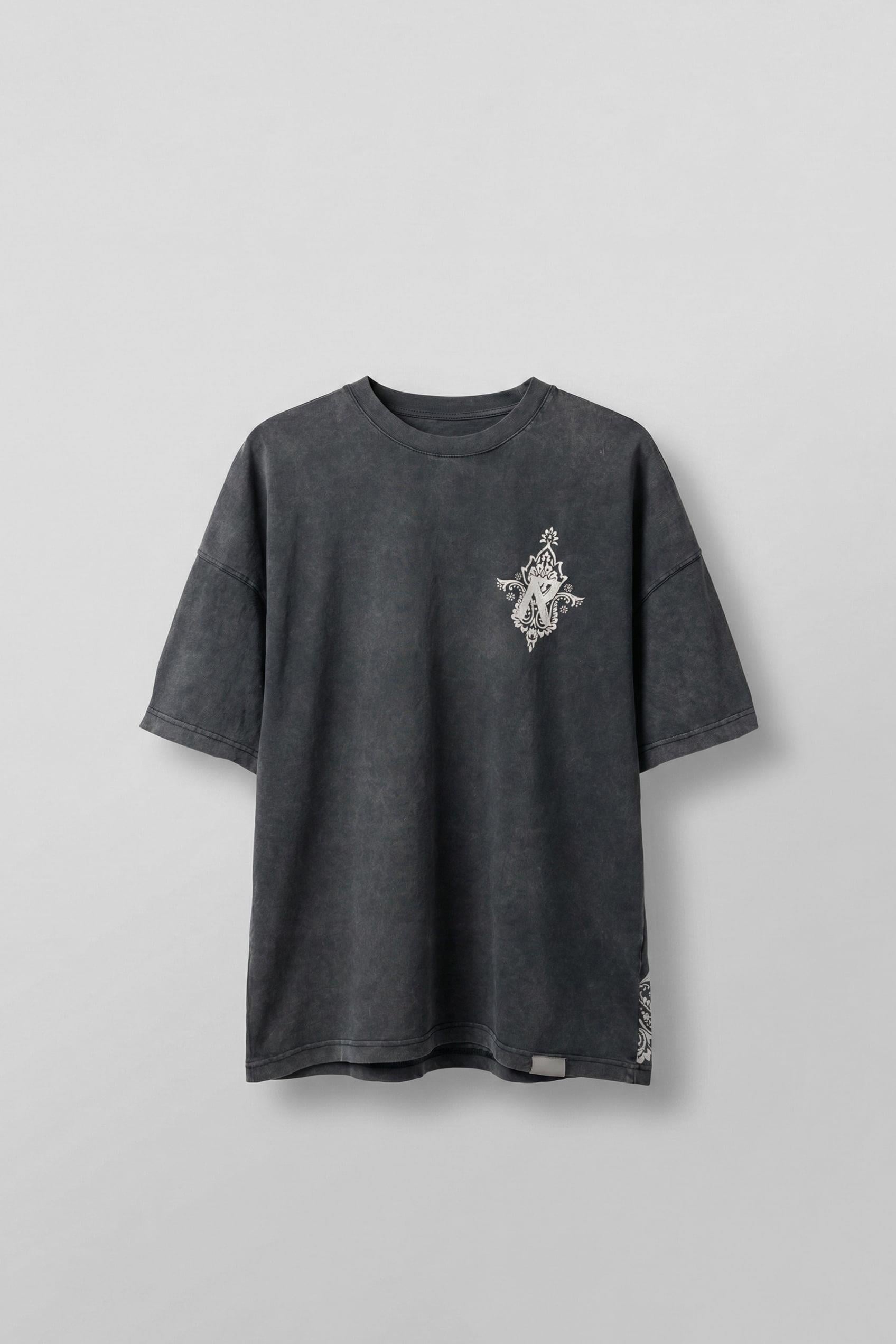 Erkek Oversize Etknik Desen Baskılı Yıkamalı T-Shirt Antrasit