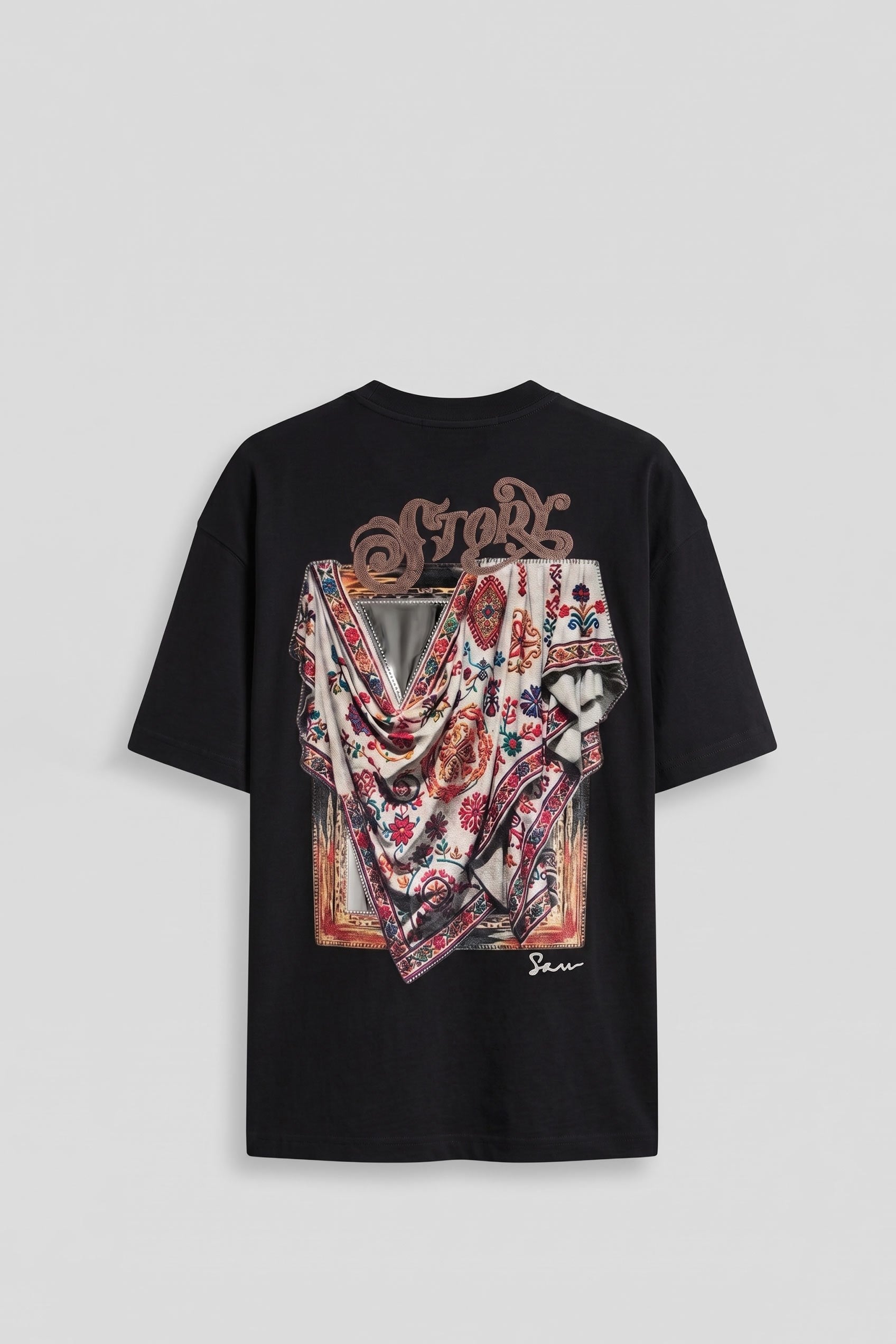 Erkek Oversize Etnik Desenli 3D Sırt Baskılı T-Shirt Siyah