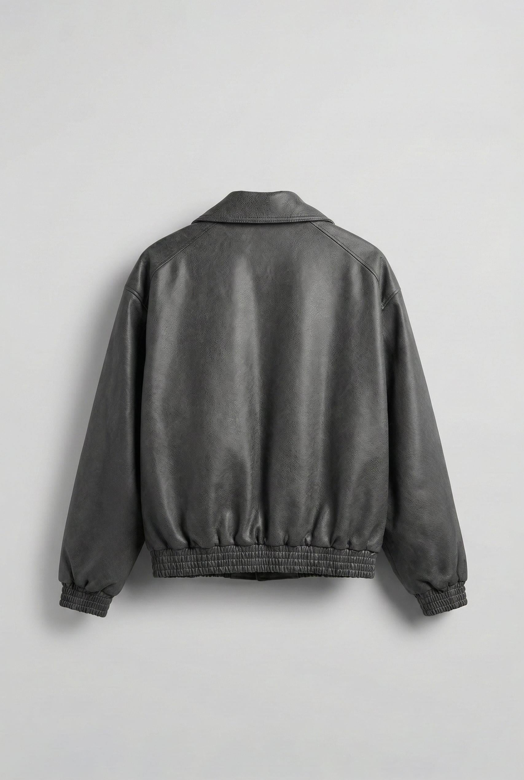 Erkek Oversize Fermuarlı Basic Deri Mont Gri