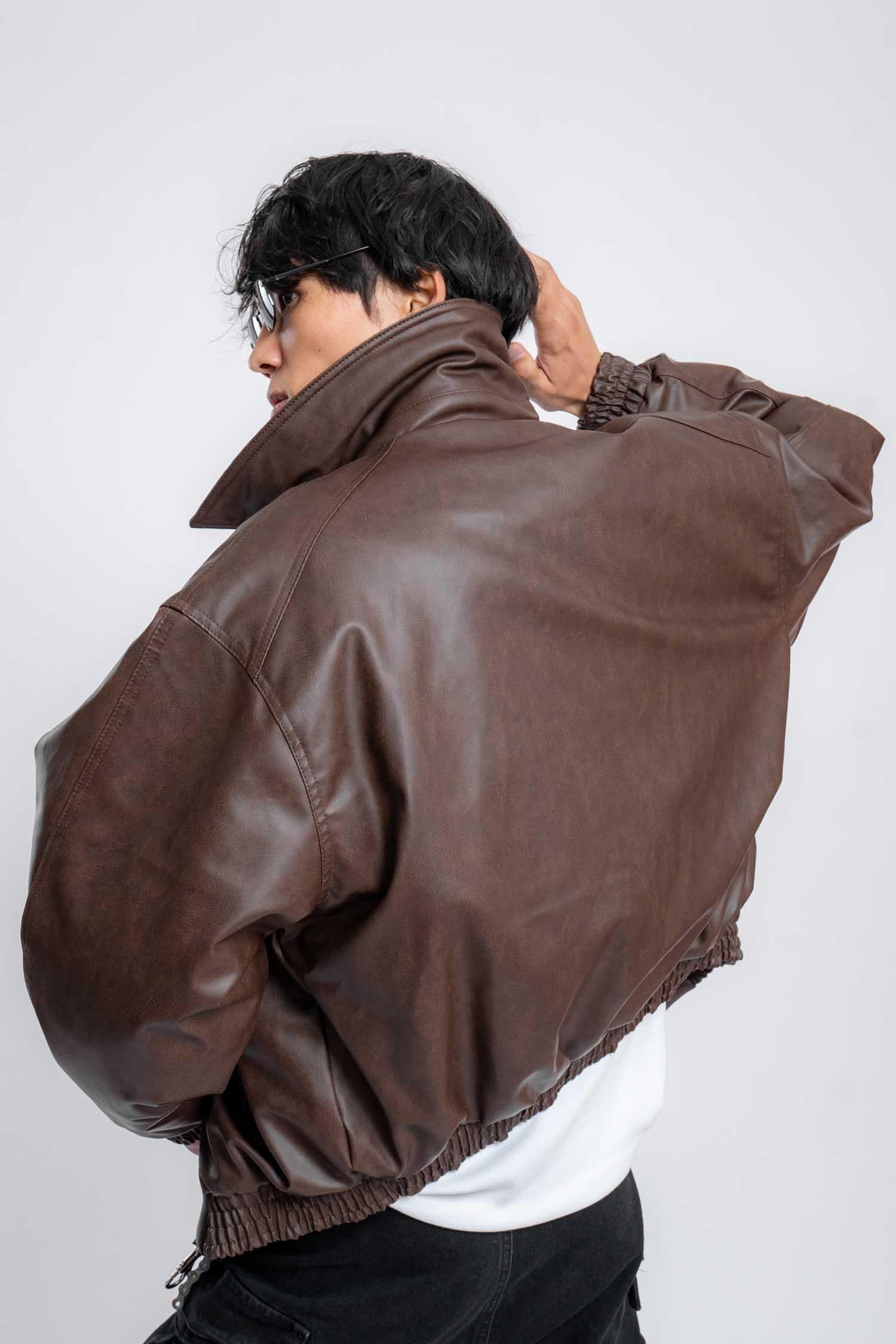 Erkek Oversize Fermuarlı Basic Deri Mont Kahverengi