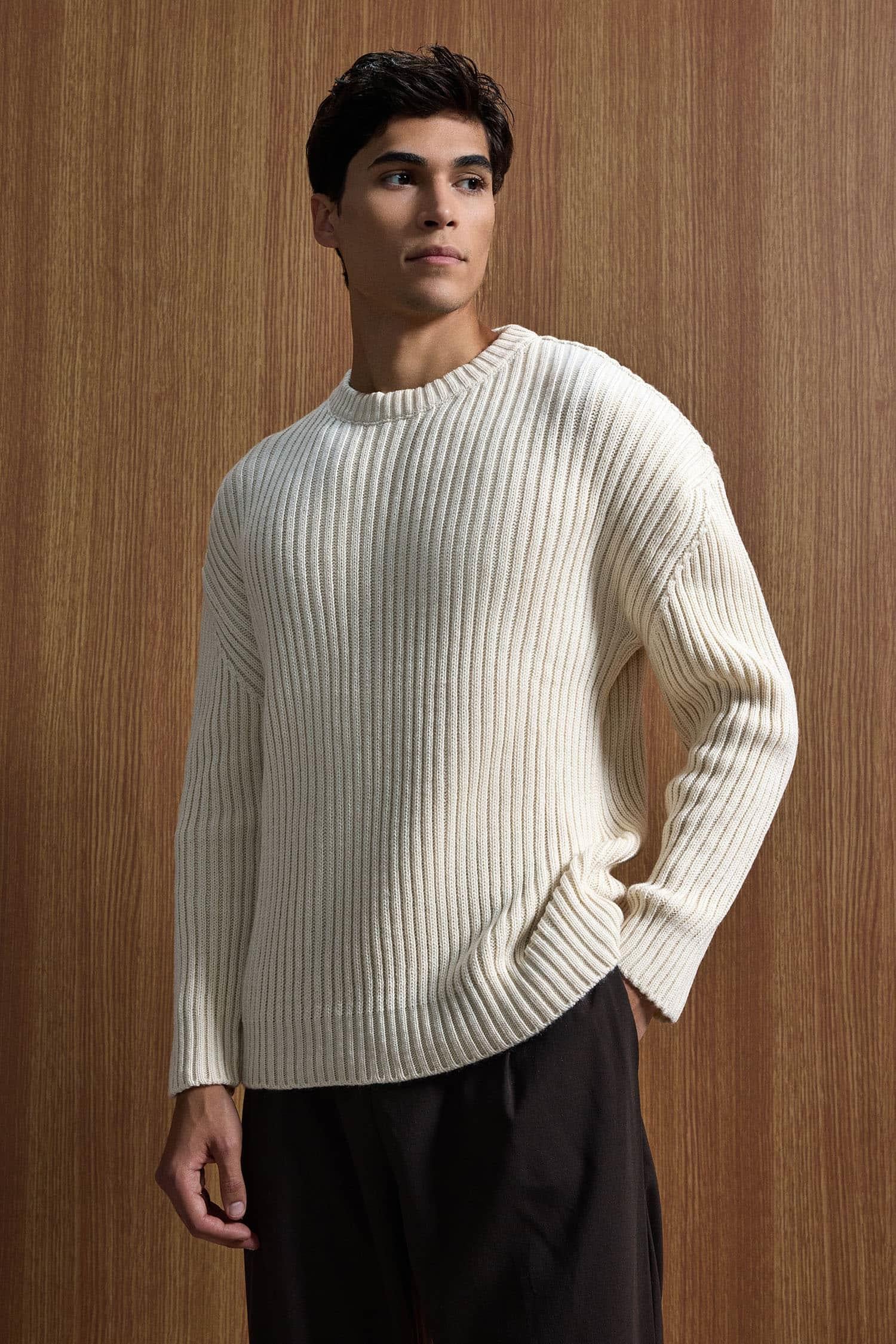 Erkek Oversize Fitilli Basic Triko Kazak Bej