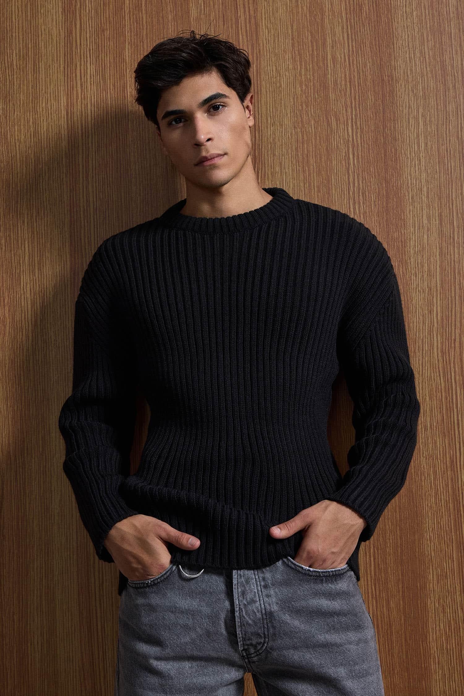 Erkek Oversize Fitilli Basic Triko Kazak Siyah