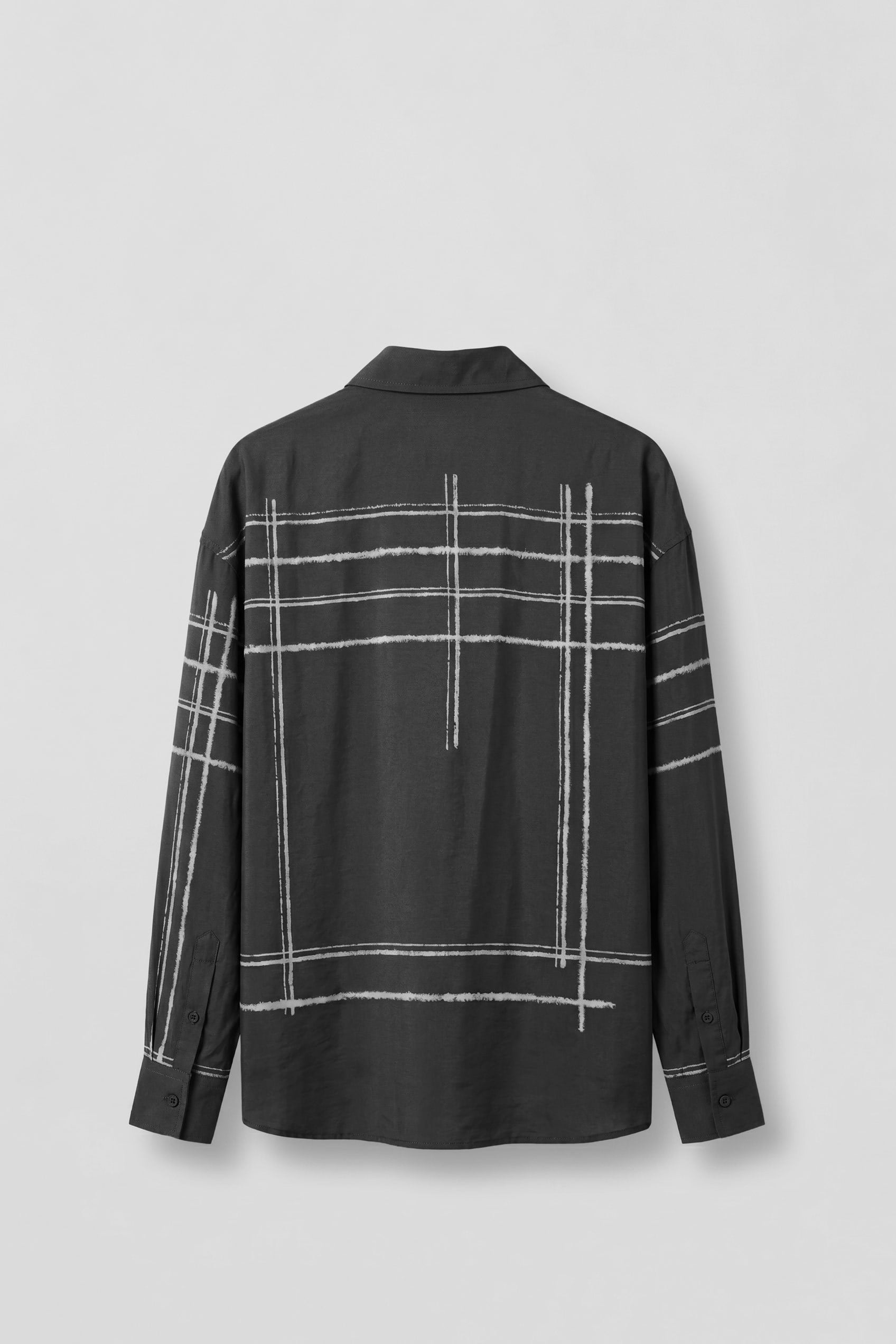 Erkek Oversize Flok Çizgili Uzun Kollu Tencel Gömlek Siyah