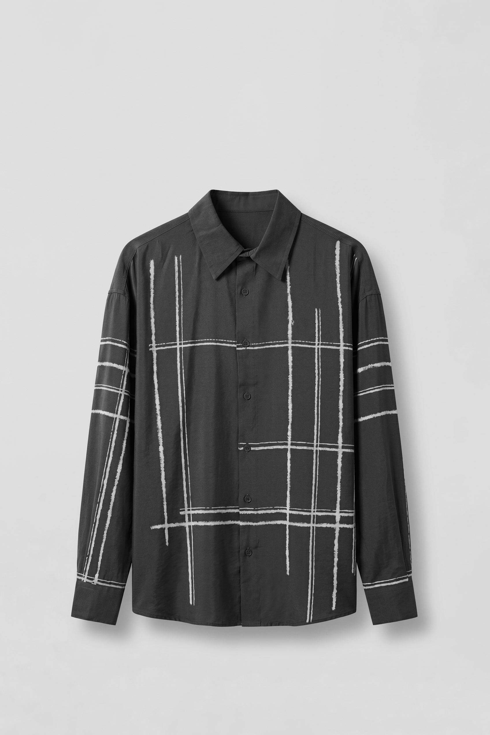 Erkek Oversize Flok Çizgili Uzun Kollu Tencel Gömlek Siyah