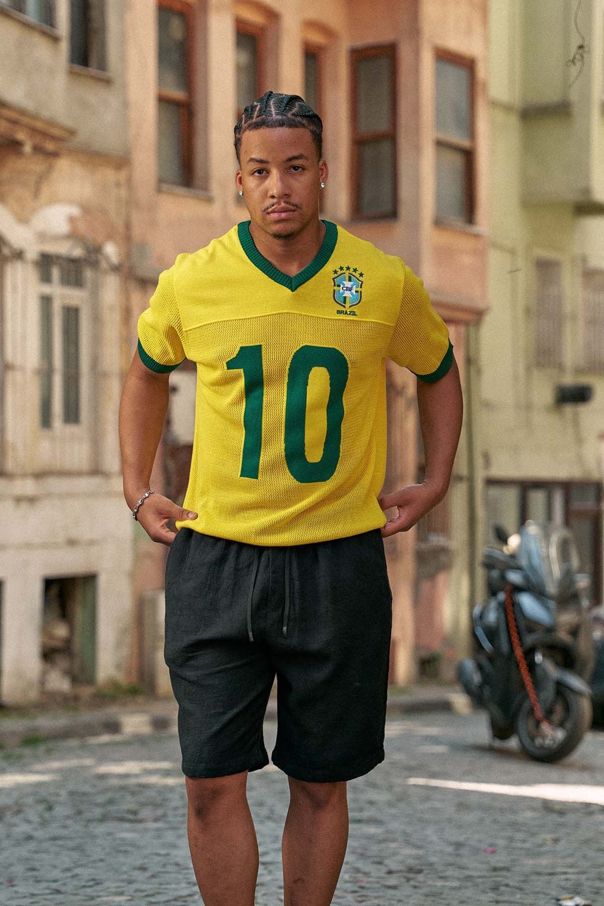 Erkek Oversize Futbol V Yaka Triko Forma T-Shirt Sarı