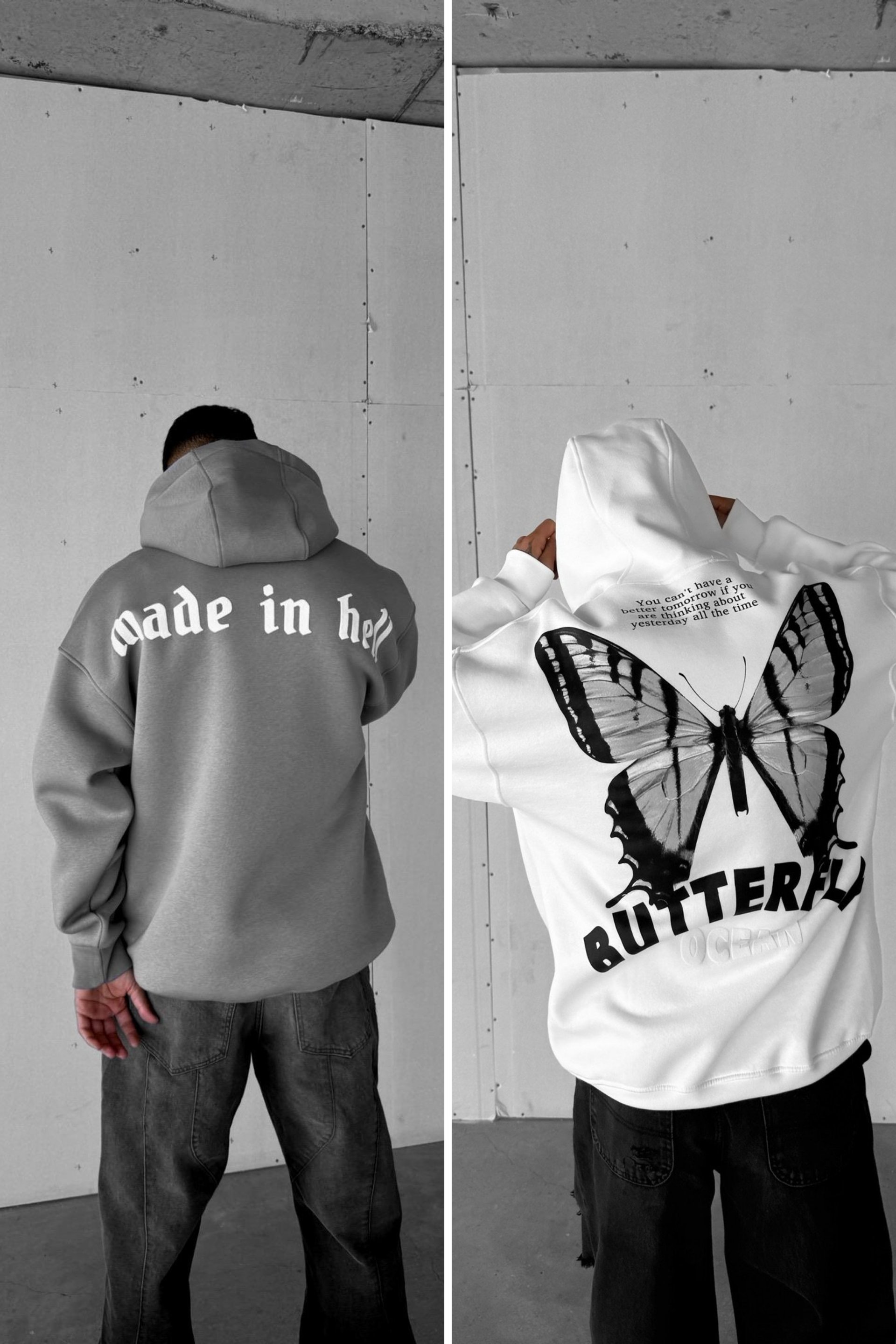 Unisex Oversize 3 İplik Kapüşonlu Baskılı 2’li Sweatshirt Gri-Beyaz