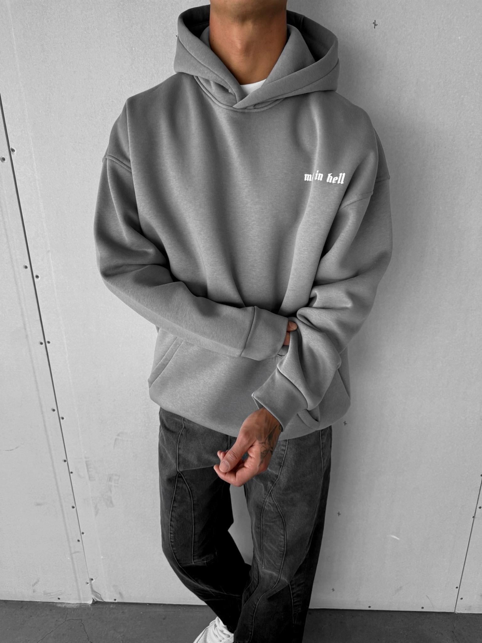 Unisex Oversize 3 İplik Kapüşonlu Baskılı 2’li Sweatshirt Gri-Beyaz