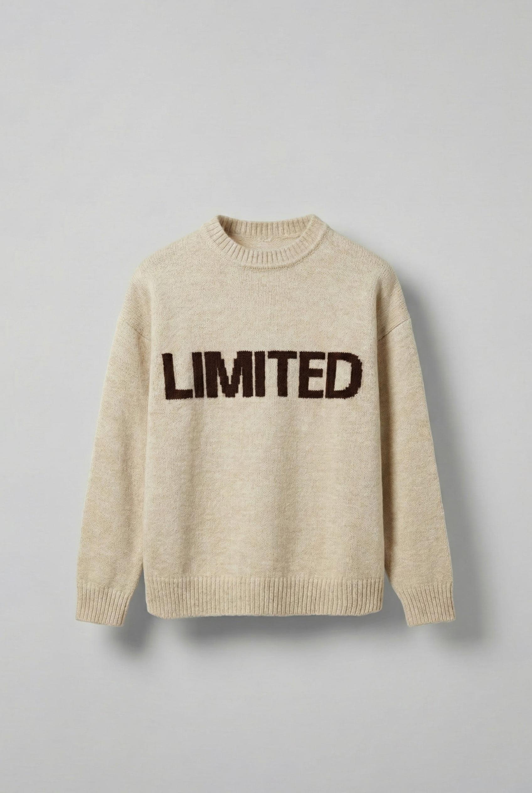 Erkek Oversize Limited Kabartma Baskılı Triko Kazak Taş Rengi