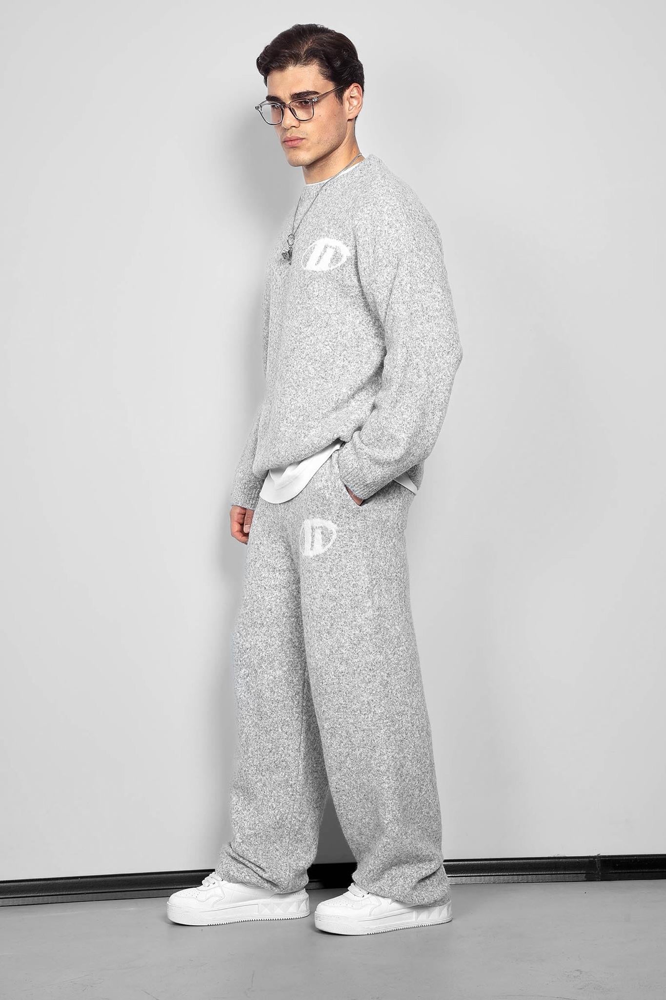 Erkek Oversize Logo Detaylı Tüylü Jogger Pantolon Gri