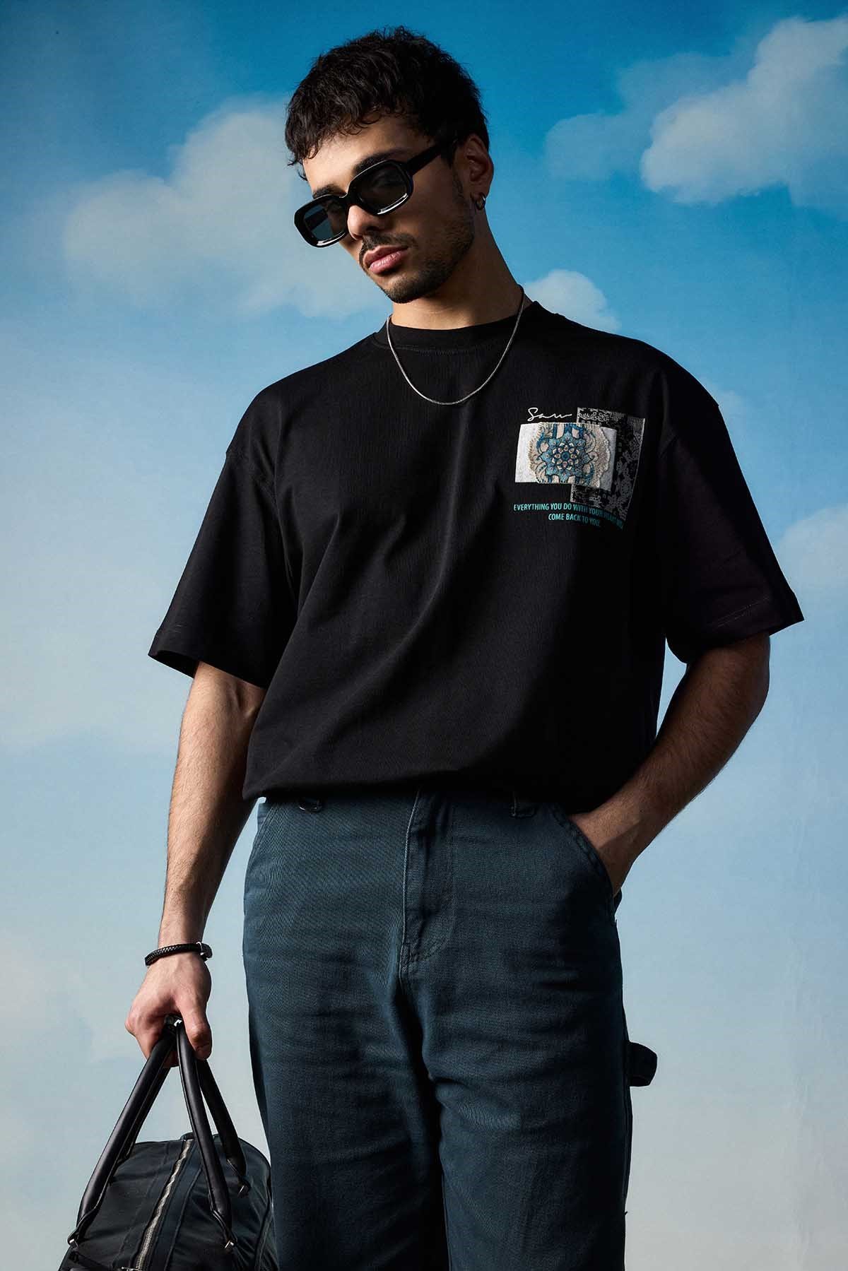 Erkek Oversize Nakış Detaylı Anadolu Motifi T-Shirt Siyah