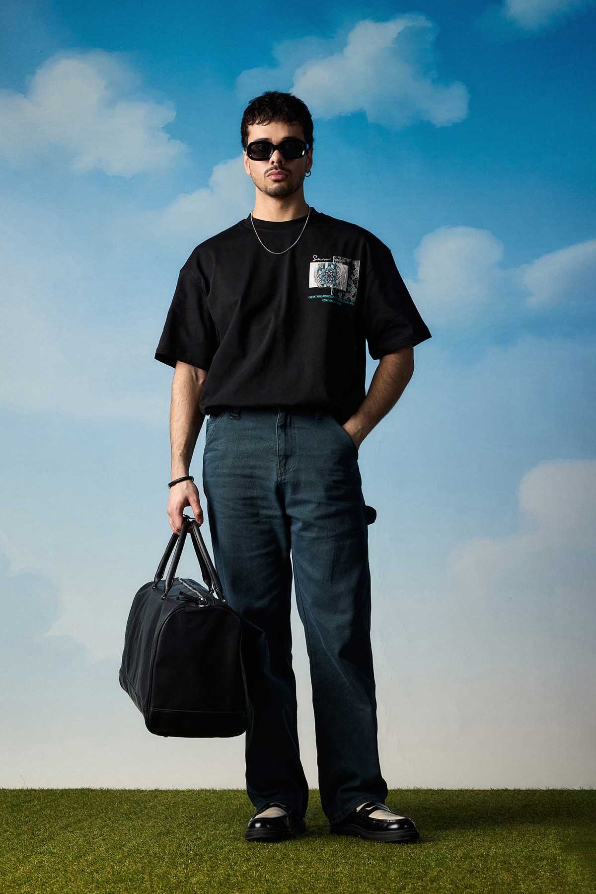 Erkek Oversize Nakış Detaylı Anadolu Motifi T-Shirt Siyah