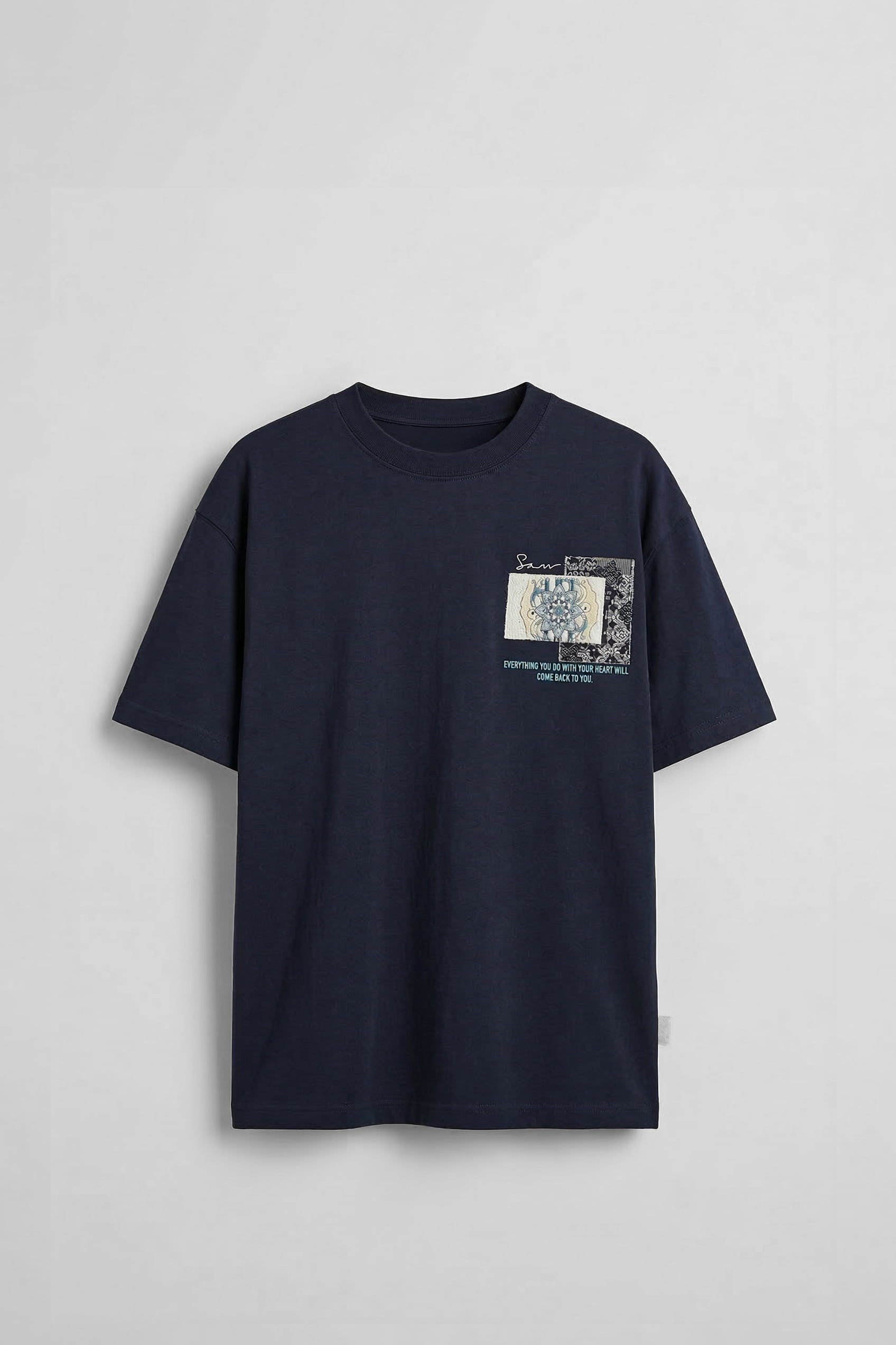 Erkek Oversize Nakış Detaylı Anadolu Motifi T-Shirt Lacivert