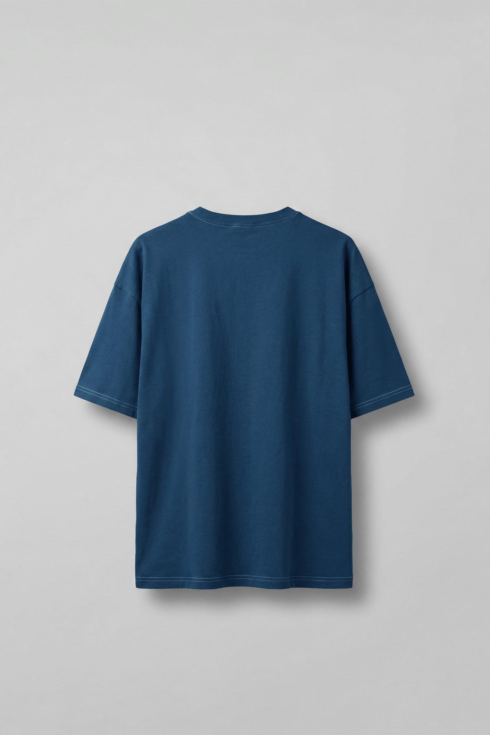 Erkek Oversize Nakışlı Ters Cep Detaylı T-Shirt Mavi