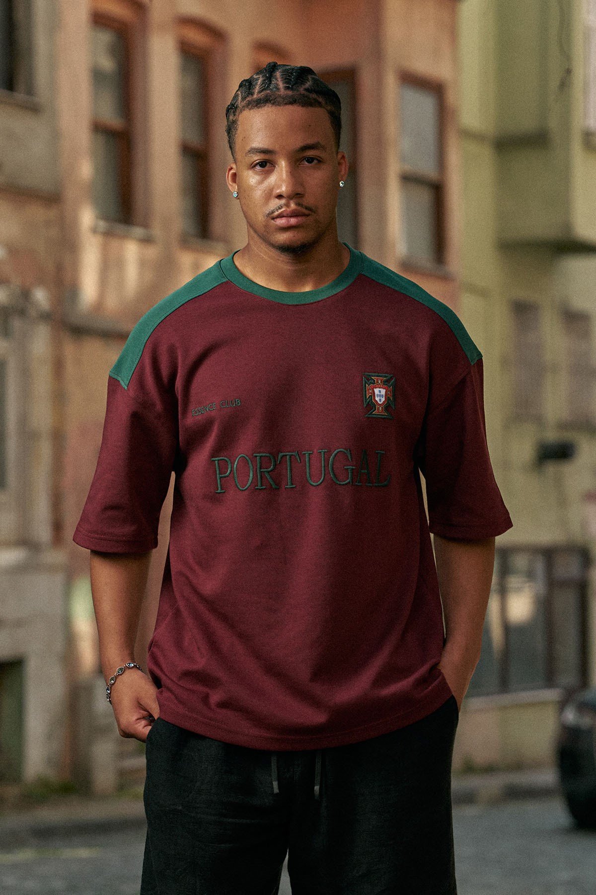 Erkek Oversize Nakışlı Ülke Temalı Forma T-Shirt Bordo