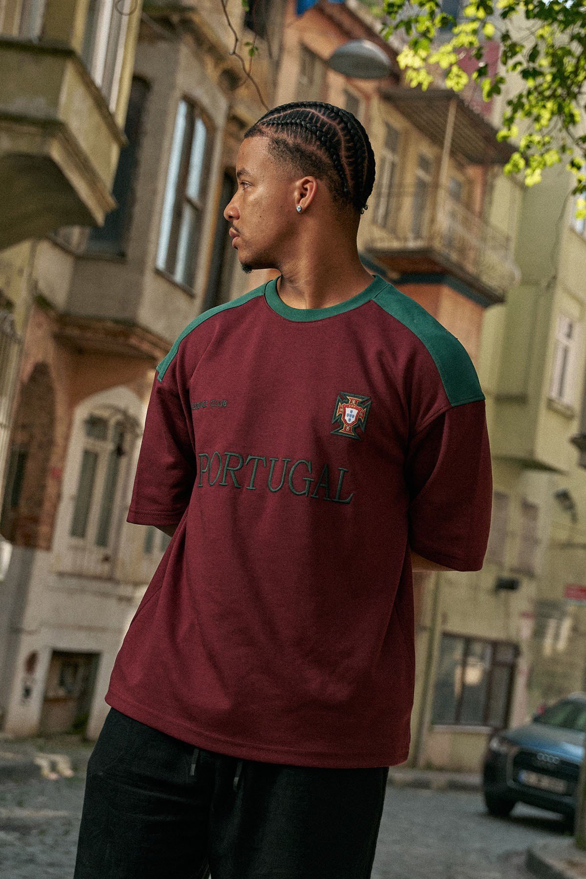 Erkek Oversize Nakışlı Ülke Temalı Forma T-Shirt Bordo