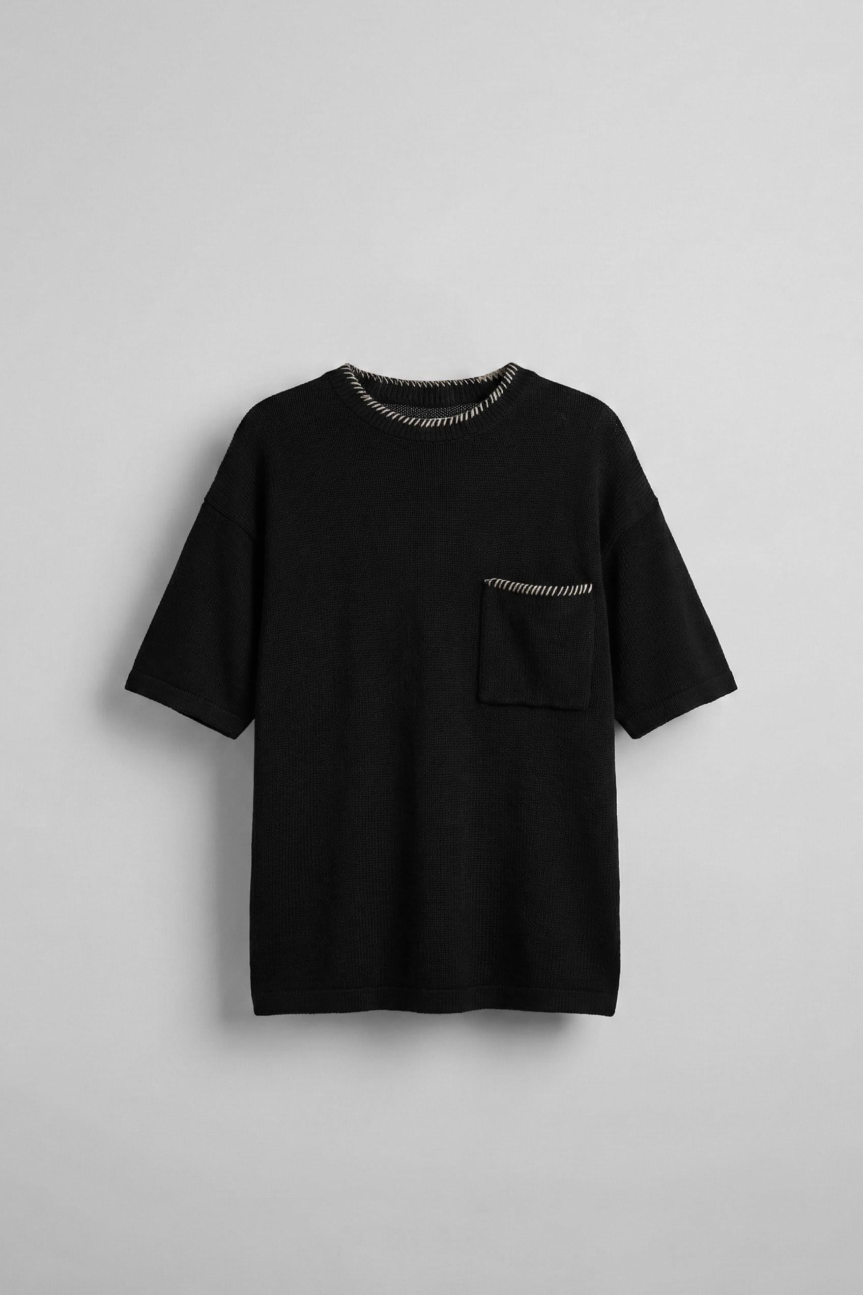 Erkek Oversize Önü Cepli Örme T-Shirt Siyah