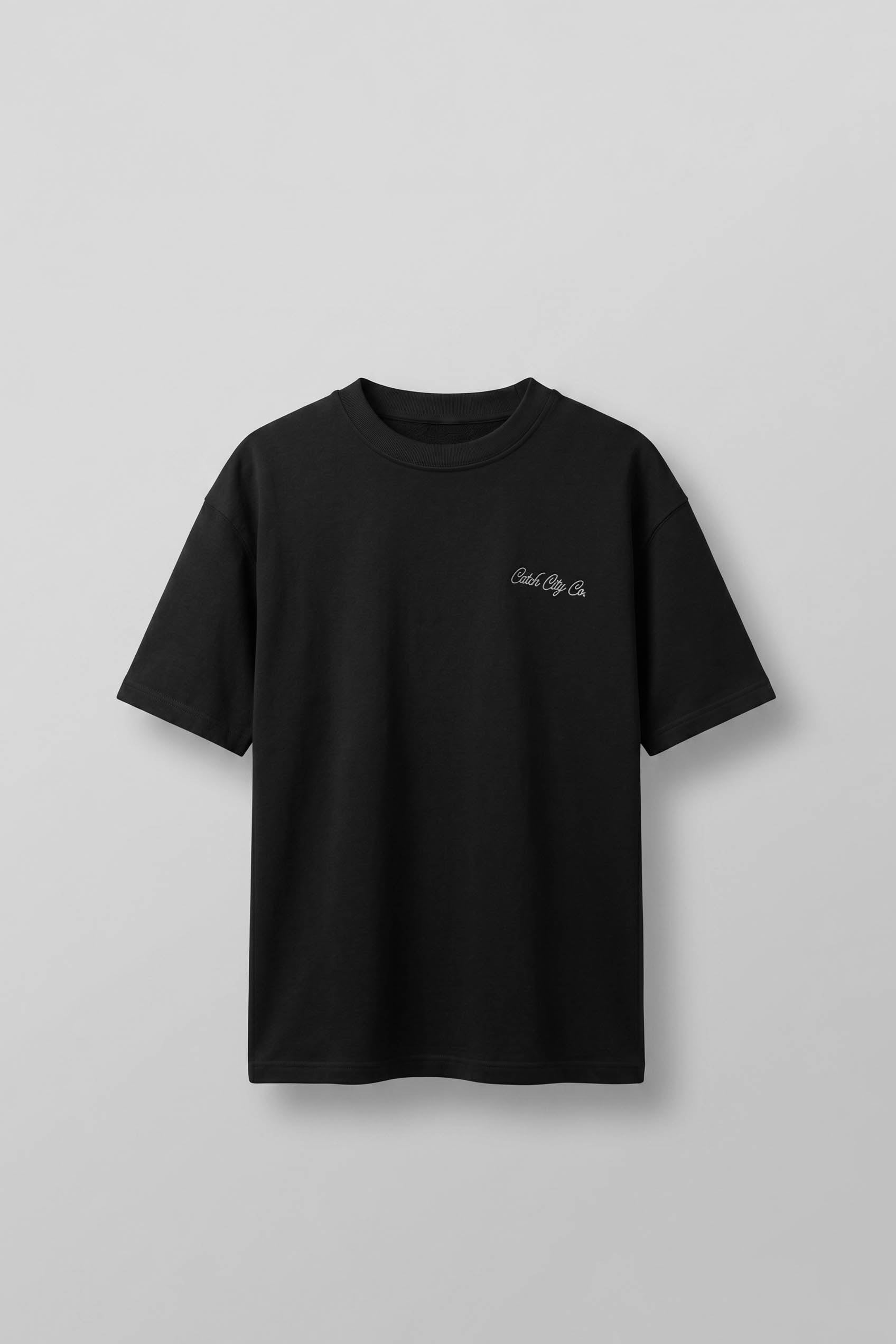 Erkek Oversize Örme Kumaş Nakış Detaylı Basic T-Shirt Siyah